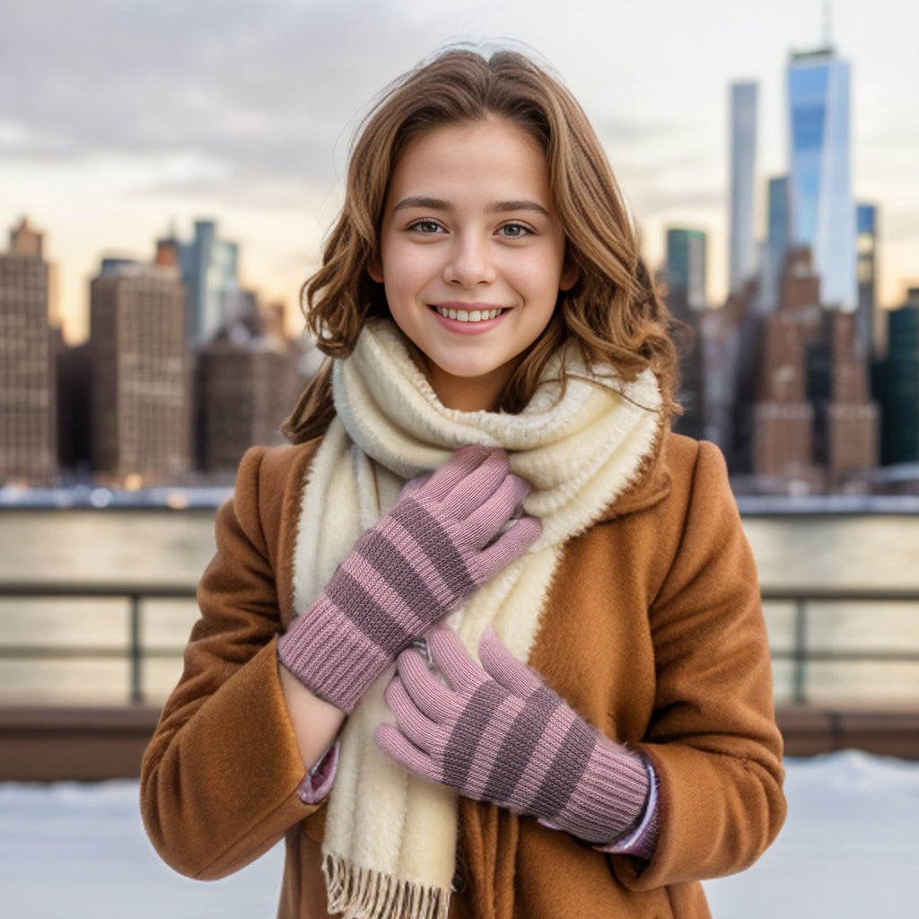 Purple Striped Kids' Gloves - Large Size for Boys & Girls - Warm Winter Gloves for Outdoor Play, Snow Sports & Cold Weather Activities