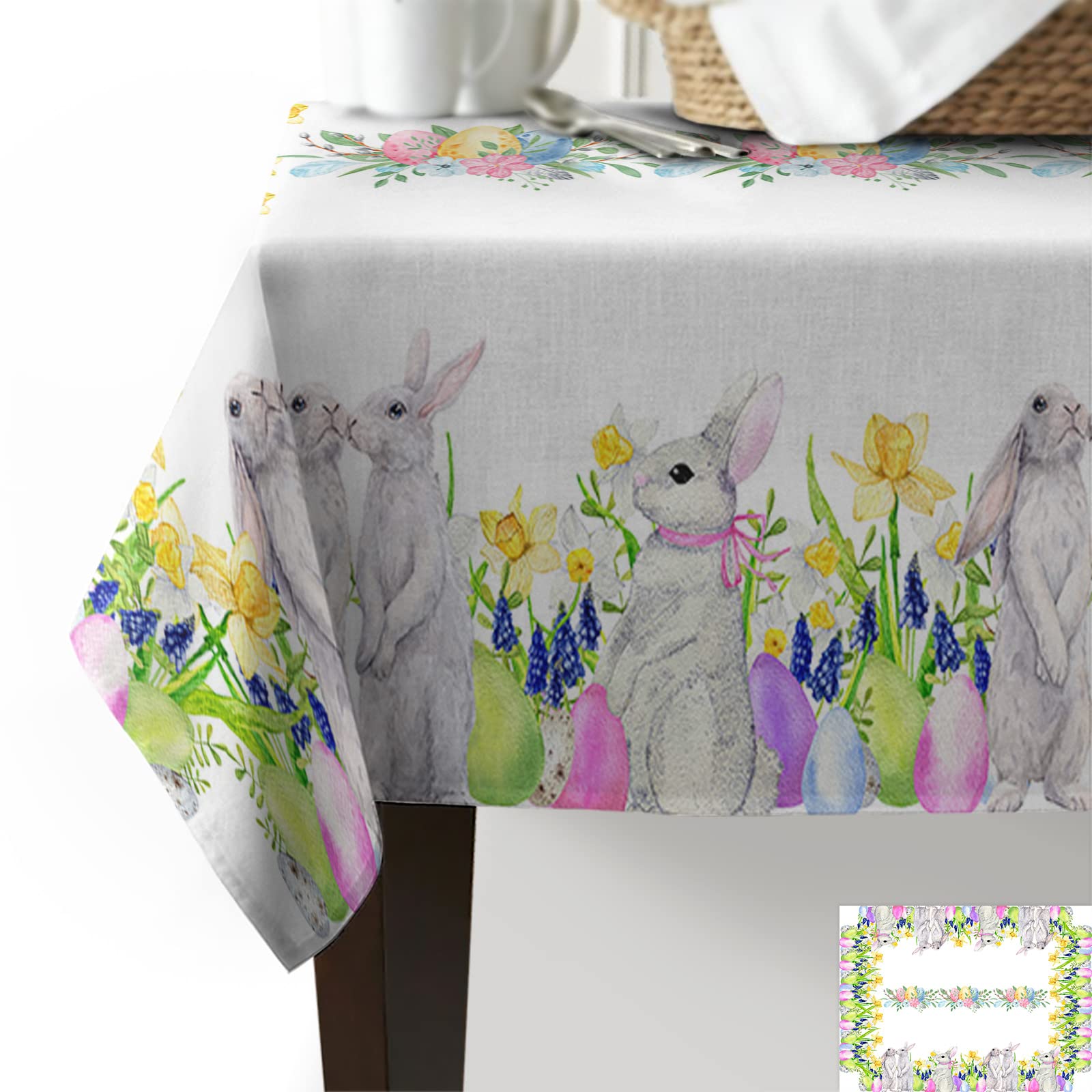 Easter Tablecloth - Bunny Eggs Flowers Waterproof Oil-Proof Spillproof Table Cover for Kitchen Dining, Spring Floral Rabbit Design, 54x108 Inches - Perfect for Easter Decorations, Holiday Parties, and Family Gatherings