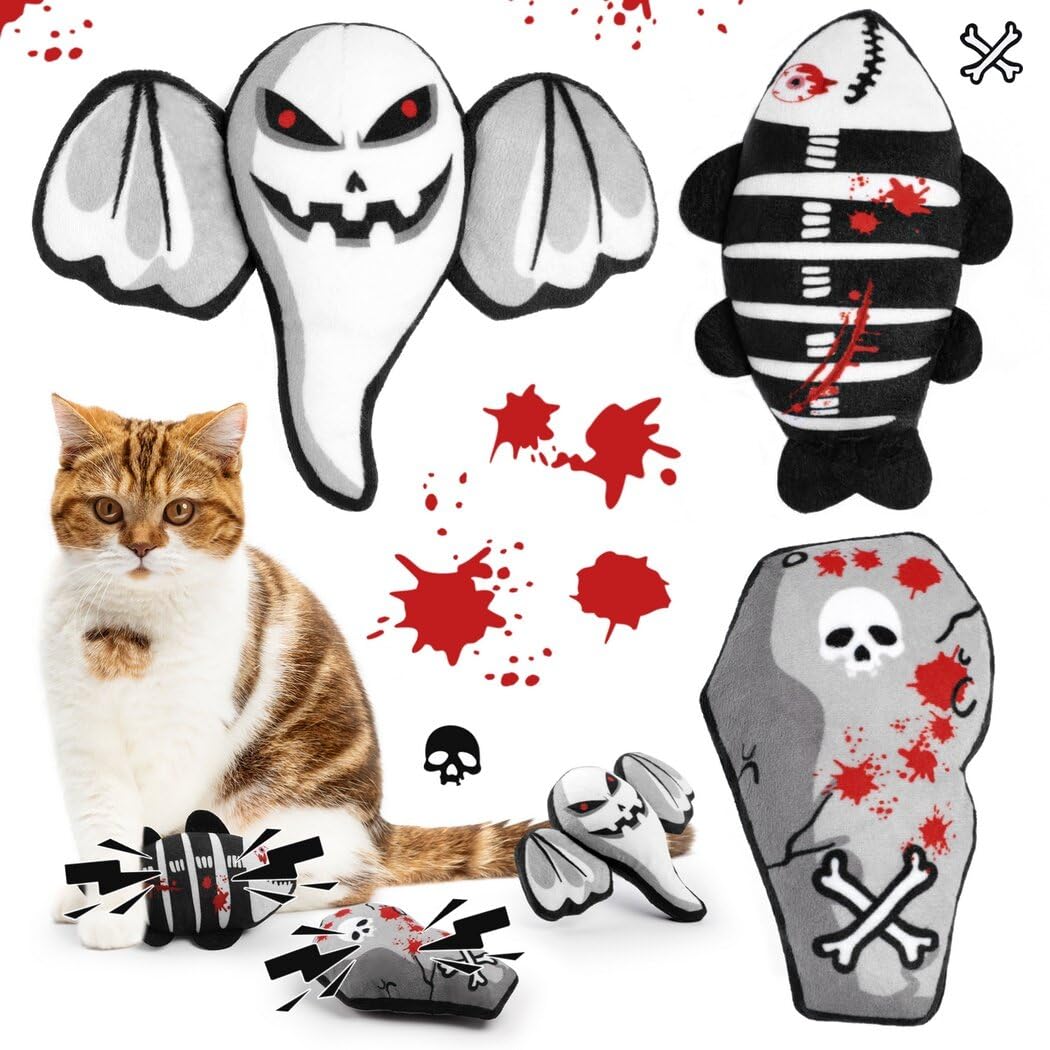 Dorakitten 3-Pack Halloween Catnip Toys for Kittens - Crinkle Ghost Fish & Tombstone Cat Chew Toys with Catnip - Fun Interactive Play for Indoor Cats - Perfect for Halloween Parties & Playtime