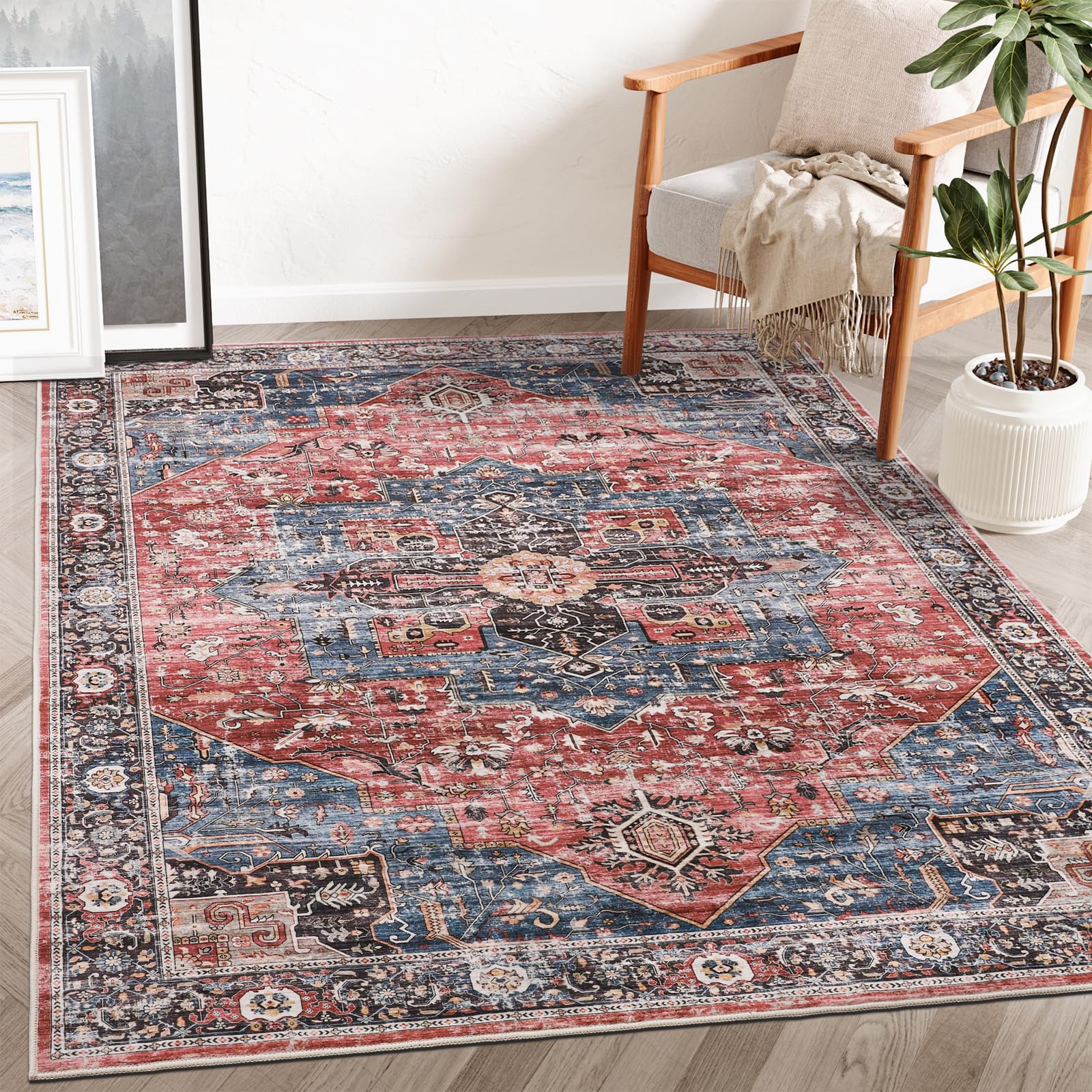 Roxstand 5x7 Vintage Area Rugs - Stain Resistant, Machine Washable with Non-Slip Backing - Soft Low Pile Rug for Bedroom, Living Room, Dorm - Navy/Red 5'x7' - Perfect for Cozy Home Decor & High Traffic Areas