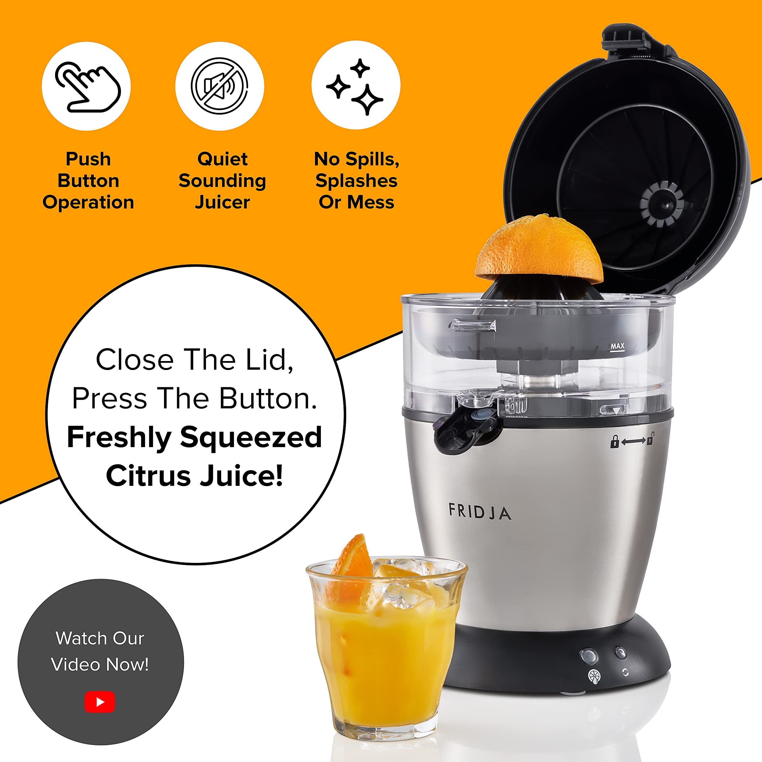 Automatic Citrus Juicer - One-Touch Operation, No Spill Design, Easy to Clean | Stainless Steel Orange & Grapefruit Squeezer for Fresh Juice (50W, 400ml) | Perfect for Breakfast, Brunch & Healthy Lifestyle - Fridja F900