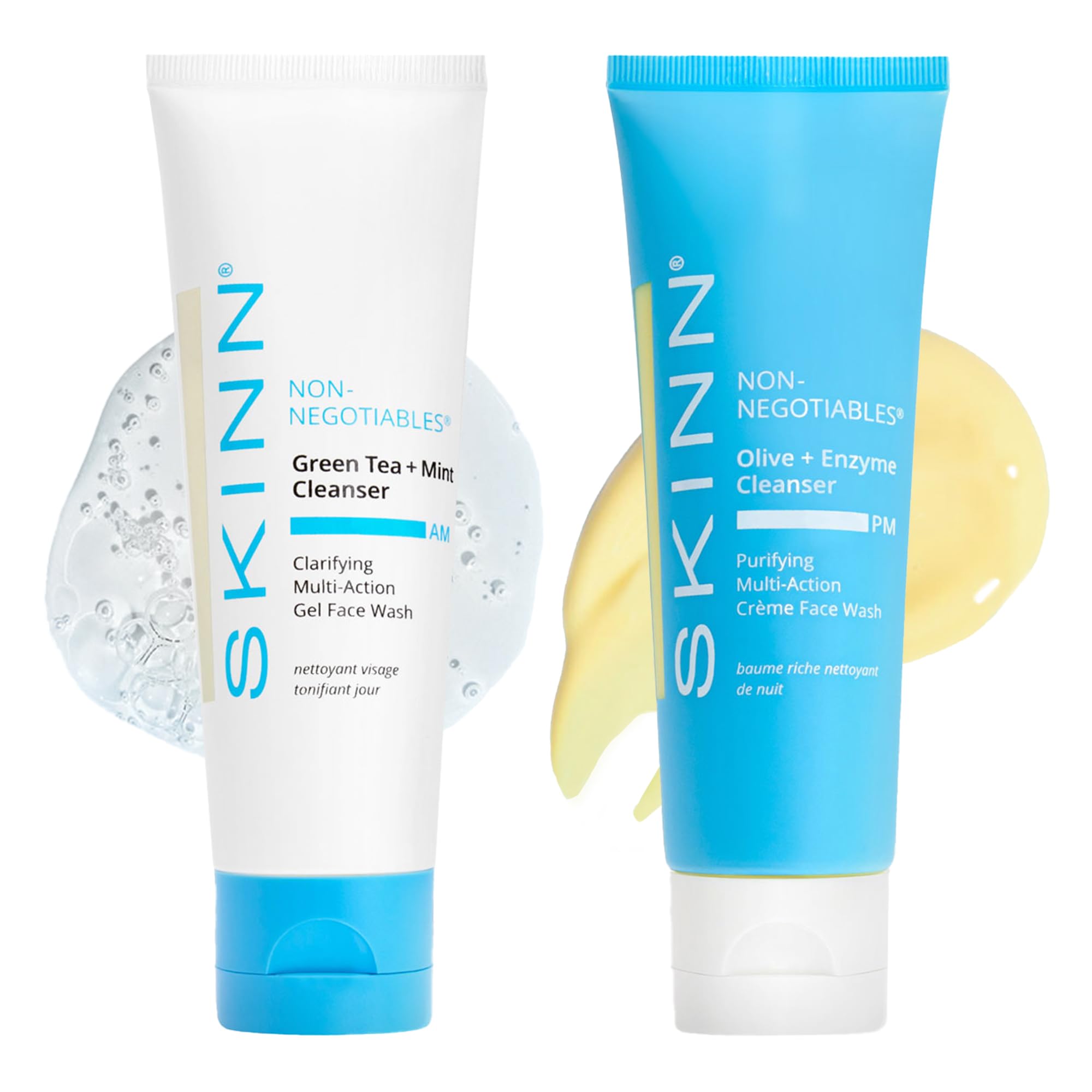 SKINN Day & Night Face Wash Set for Women & Men - Green Tea & Mint AM Cleanser + Olive & Enzyme PM Cleanser - Hydrating Facial Cleanser for All Skin Types | Morning & Night Skincare Routine