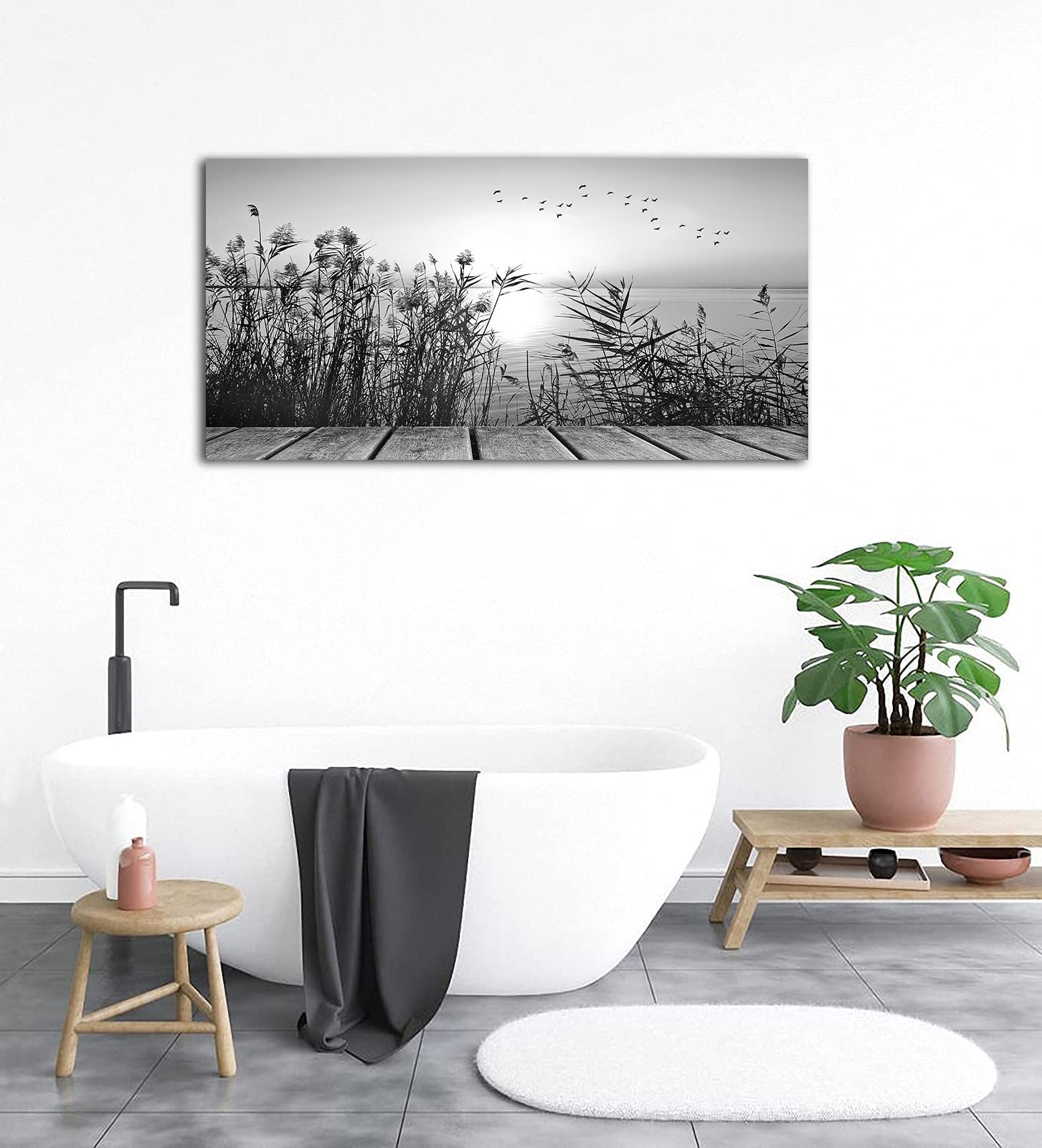 Sunset Lake Wall Art - Black & White Nature Canvas Print with Botanical Reeds & Flying Birds - Large 24x48 Inch Modern Home Decor for Living Room, Bedroom, Dining Room, Kitchen & Office - Perfect for Nature Lovers & Contemporary Interior Design