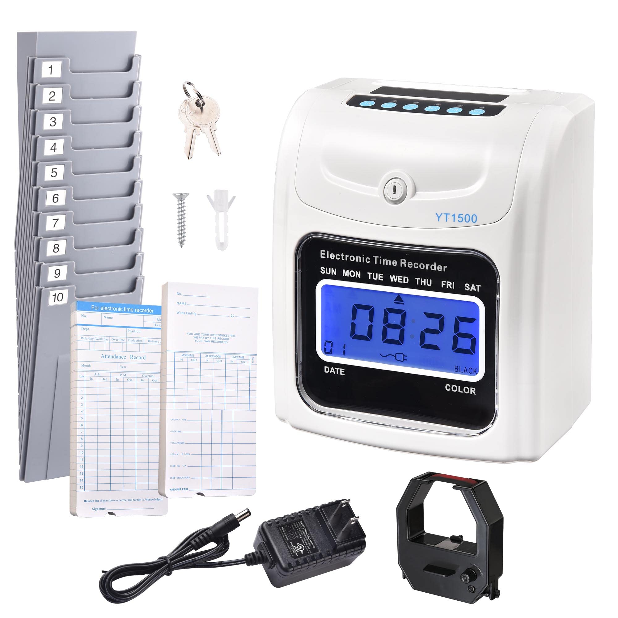 Yescom Employee Time Clock Bundle - Digital Punch Card System with LCD Display, 100 Time Cards, Card Holder, 2 Keys & Ink Ribbon - Ideal for Small Business Payroll & Attendance Tracking