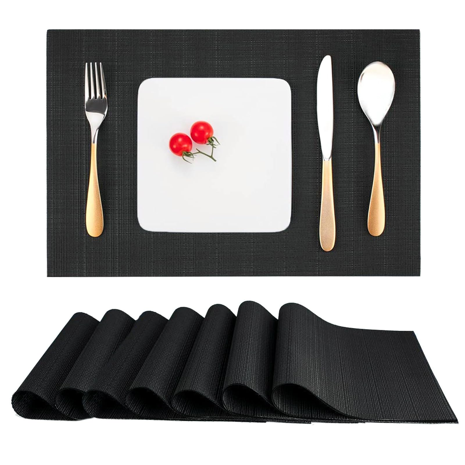 Myir JUN Set of 8 Washable Non-Slip Heatproof Woven Placemats - PVC Fabric Table Mats for Dining, Kitchen & Indoor Use (Black) - Perfect for Everyday Meals, Dinner Parties & Home Decor