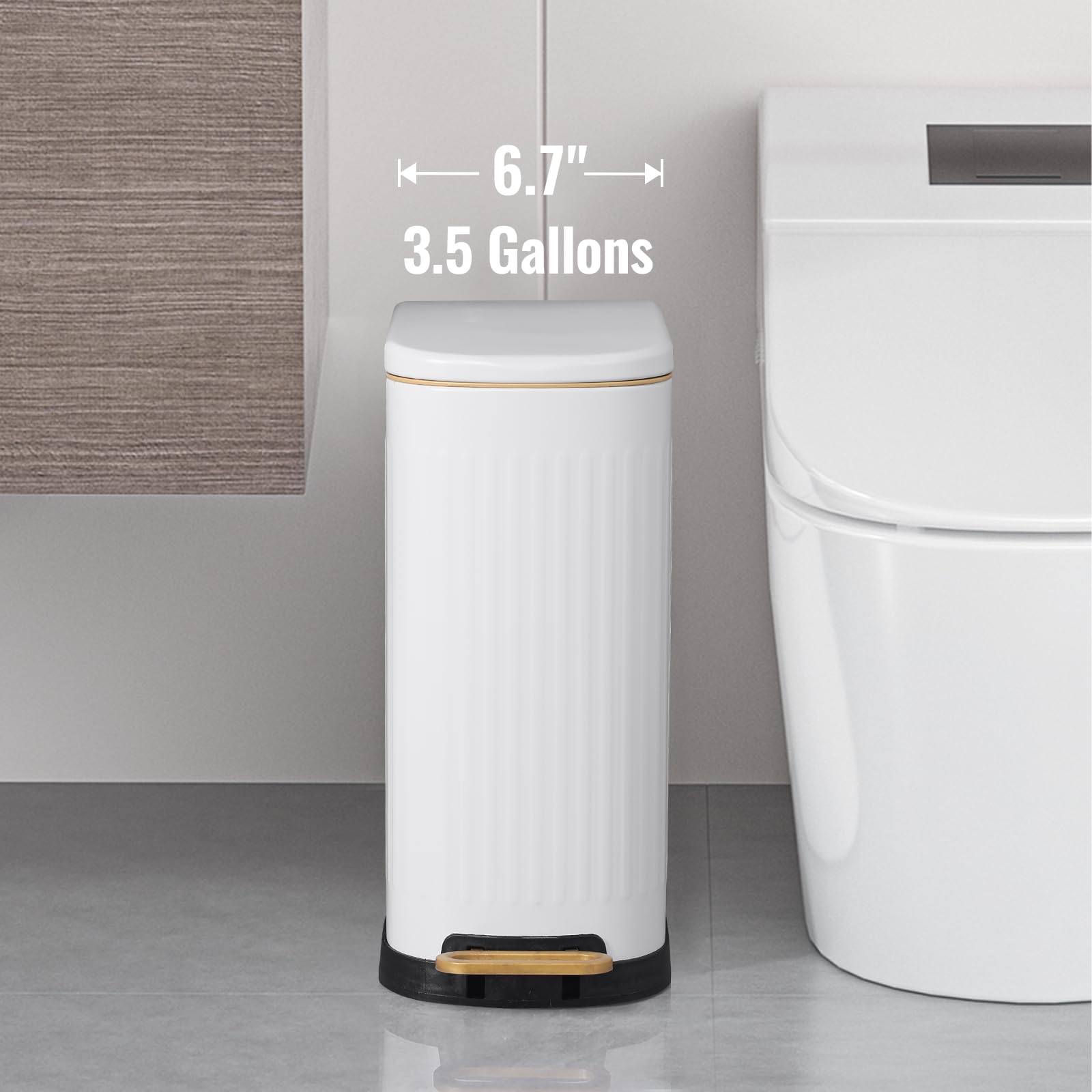 Slim Stainless Steel Bathroom Trash Can with Soft Close Lid - 3.5 Gallon Step Garbage Bin with Removable Inner Bucket - Perfect for Bathroom, Bedroom, Office & Kitchen (Matt White) - Space-Saving Design for Small Bathrooms & Modern Homes
