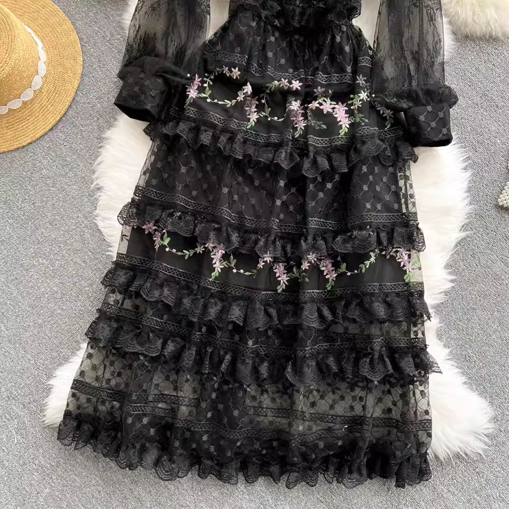 Elegant Autumn Sweet Lace Midi Fairy Dress for Women - Vintage 1810 Style Romantic Tea Party, Wedding Guest, or Halloween Costume