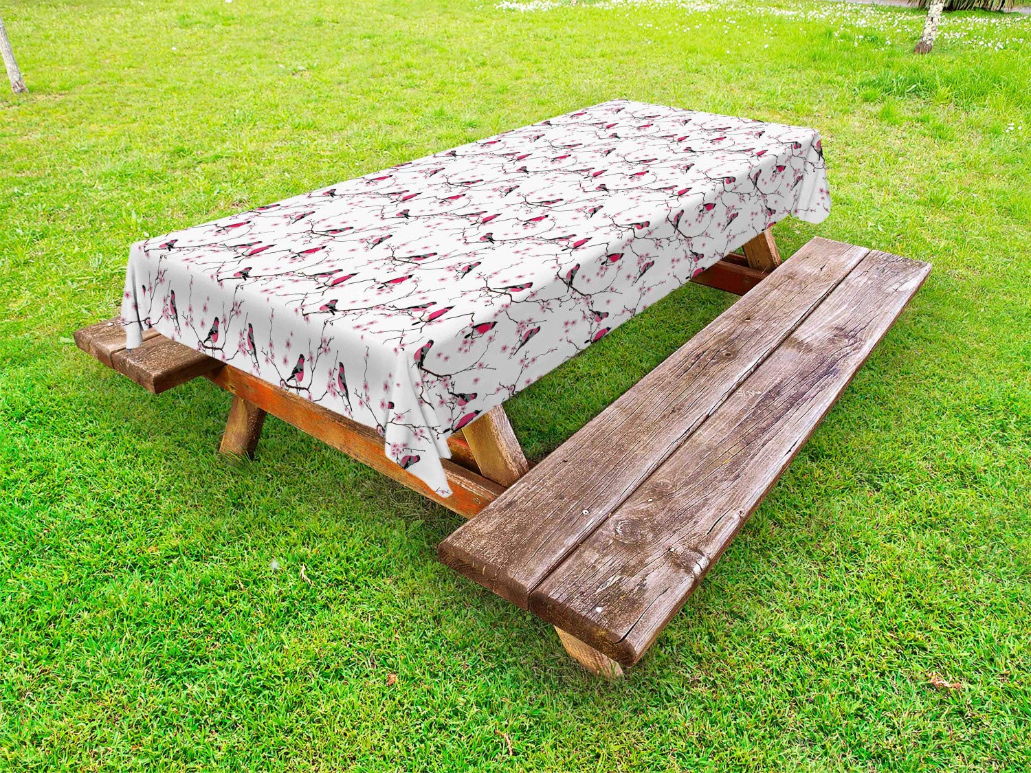 Ambesonne Asian Outdoor Tablecloth - Sakura Flowers & Bullfinch Birds Design, Washable Picnic Table Cover 58