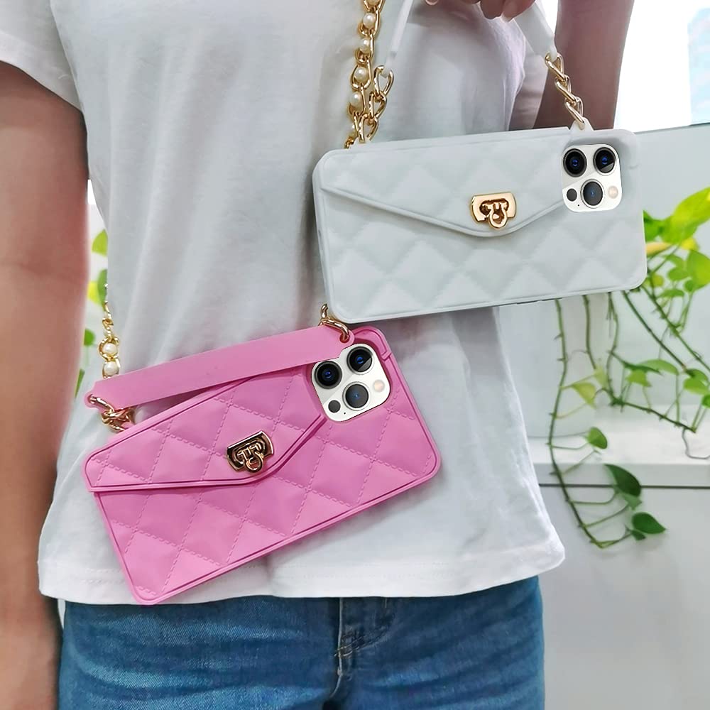 Luxury iPhone 13 Pro Max Wallet Case with Card Holder & Pearl Chain Strap - Soft Silicone Phone Cover with Wristlet & Crossbody Lanyard for Women (Pink) - Perfect for Everyday Use, Shopping & Travel Accessories