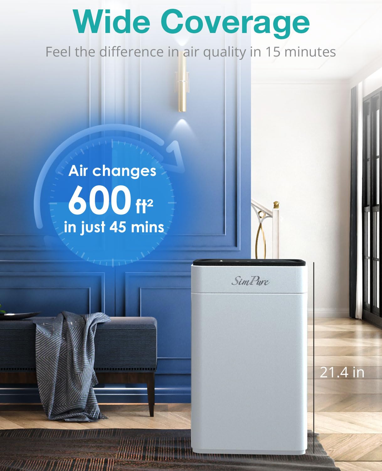 SimPure HP8 True HEPA Air Purifier for Large Rooms - Quiet Home & Office Air Cleaner with Allergen Removal for Pets, Smoke, Dust, Mold - Ideal for Bedrooms, Living Rooms and Workspaces