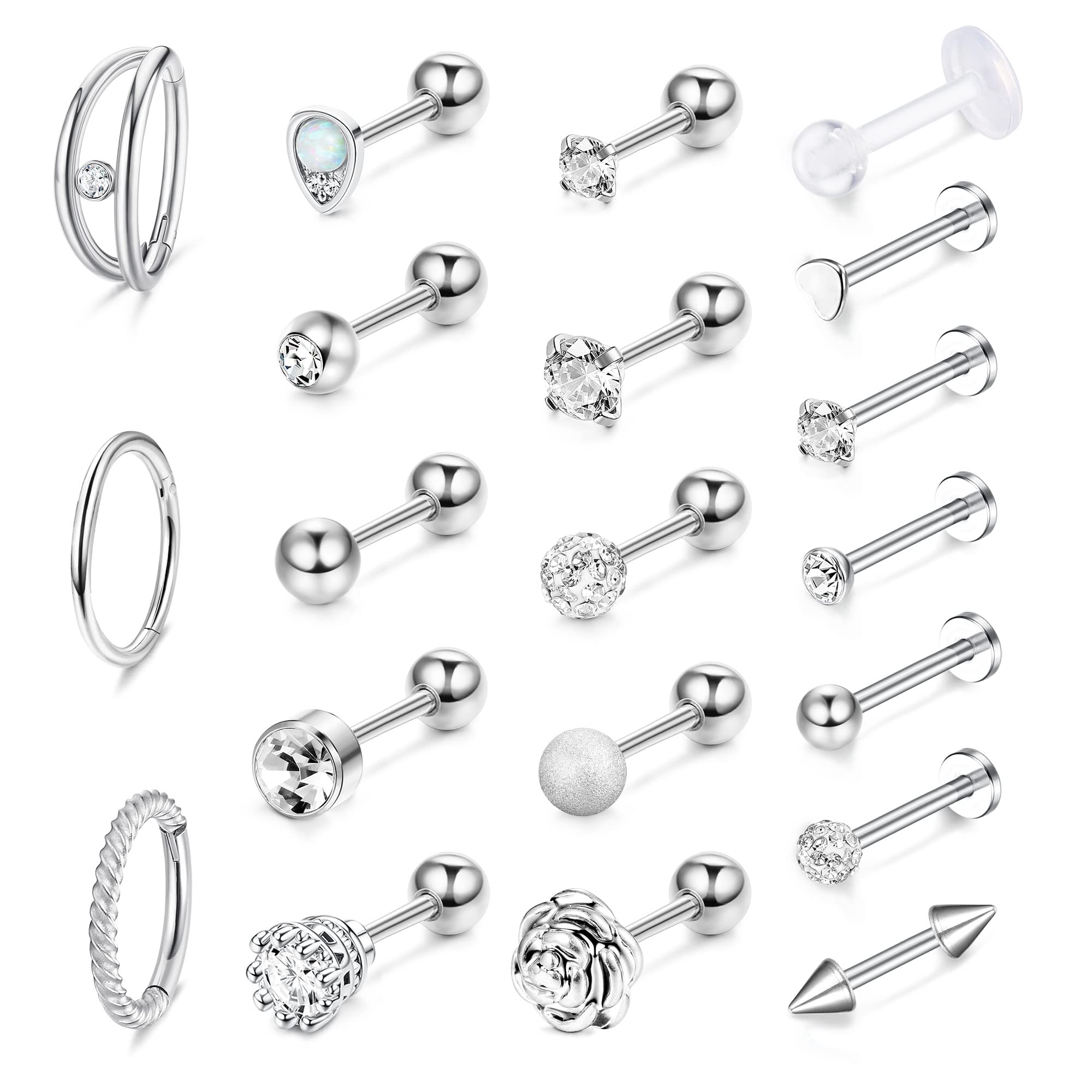 20 Pcs Stainless Steel Cartilage Earrings Set - Helix, Tragus, Daith Piercing Hoops with Flat Back & Ball Studs for Women | Hypoallergenic Body Jewelry for Everyday Wear & Special Occasions