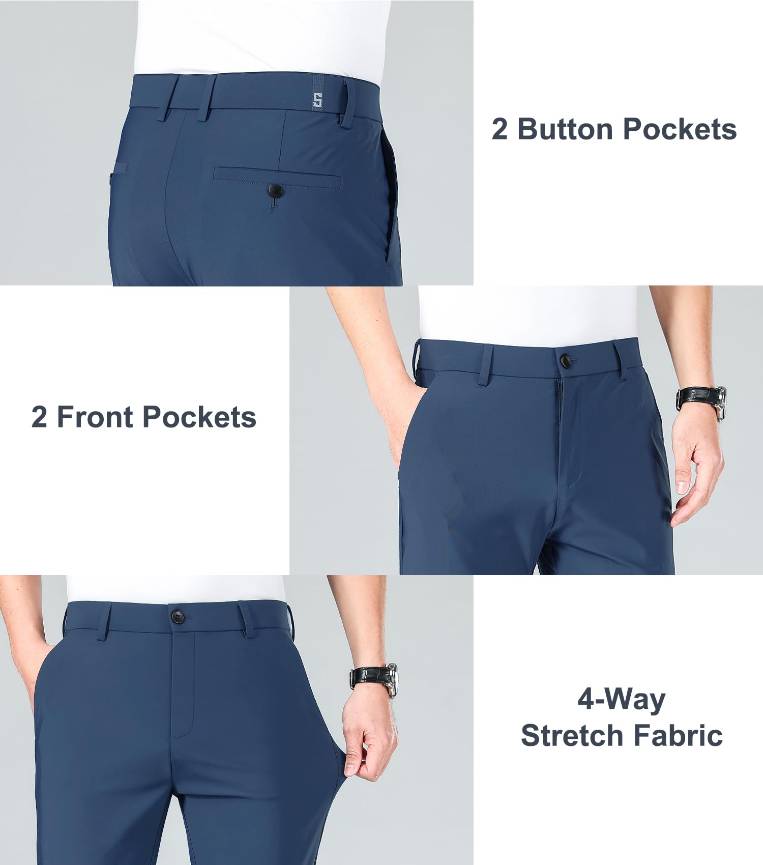 LUSHENUNI Men's Slim High Stretch Golf Pants - Breathable Ice Silk Dress Pants with Expandable Waist for Golfing, Office & Business Casual Wear
