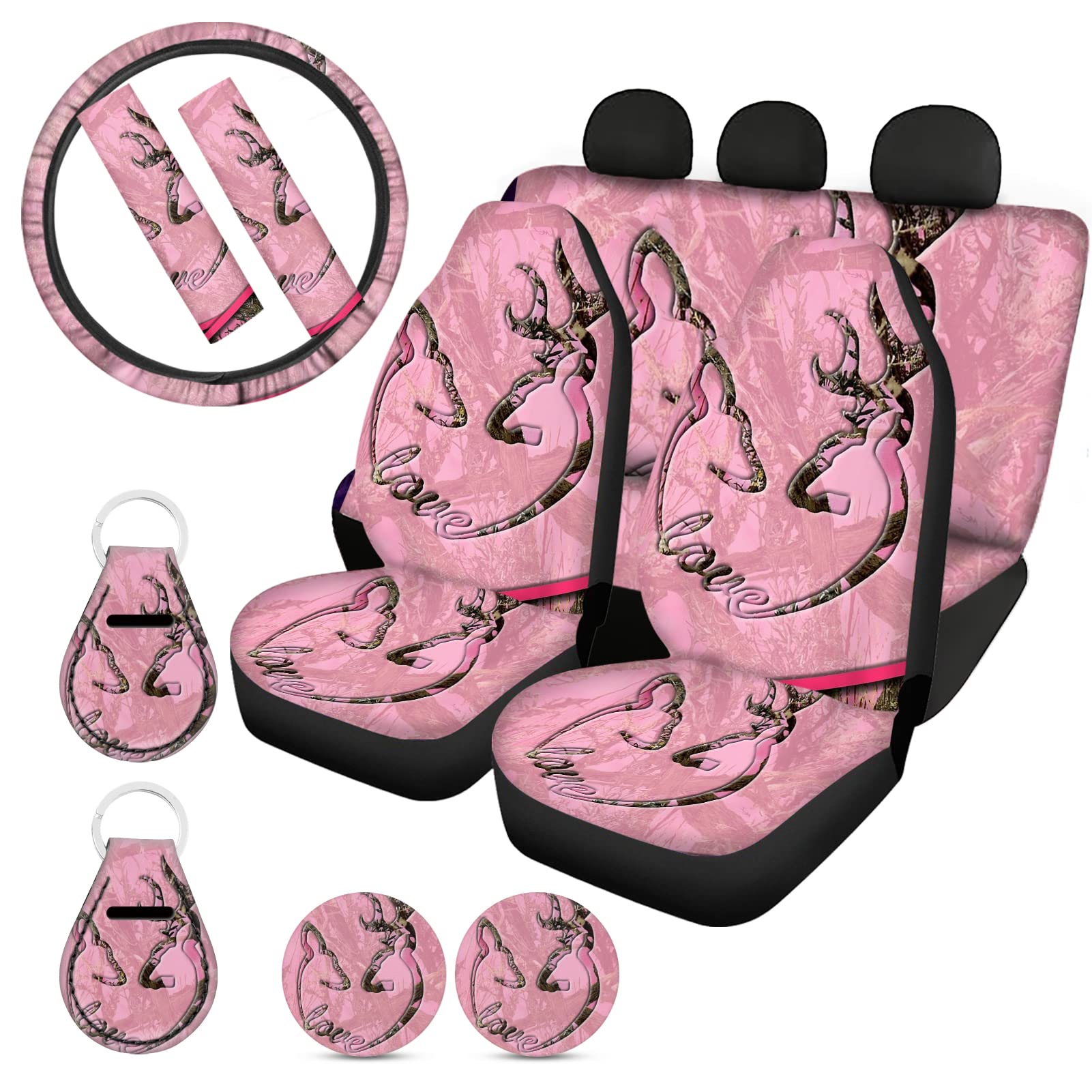 11-Piece Pink Camo Deer Print Car Seat Cover Set - Full Interior Protection for Women's Vehicles with Steering Wheel Cover, Seat Belt Covers, Cup Coasters & Key Chains | Perfect for Hunting Trips, Daily Commutes & Outdoor Adventures