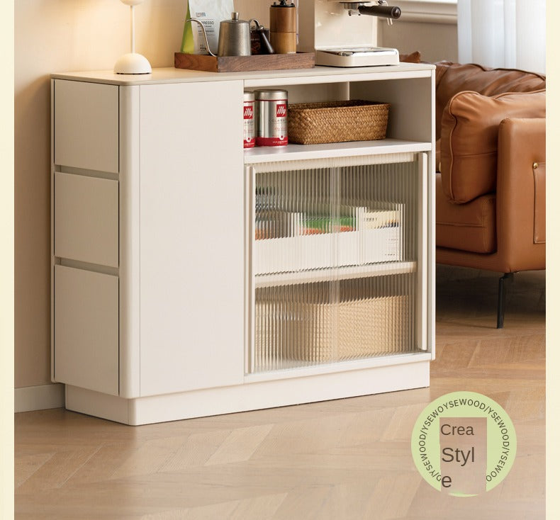 Solid Poplar Wood Dining Room Cabinet with Partition - White Cream Rock Board for Kitchen Storage & Home Organization