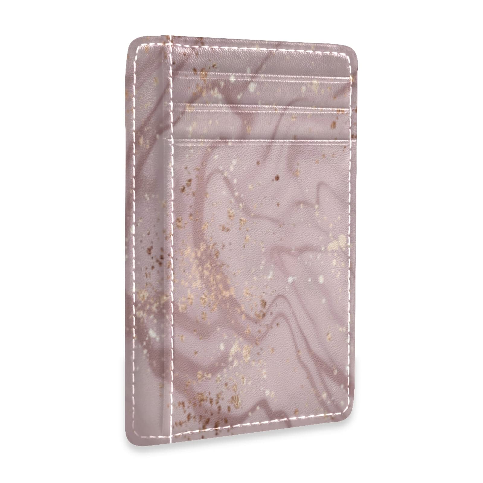 Pink Liquid Marble Rose Gold Dust Minimalist RFID Blocking Leather Wallet - Slim Front Pocket Card Holder for Men & Women | Stylish Gift for Everyday Use & Travel