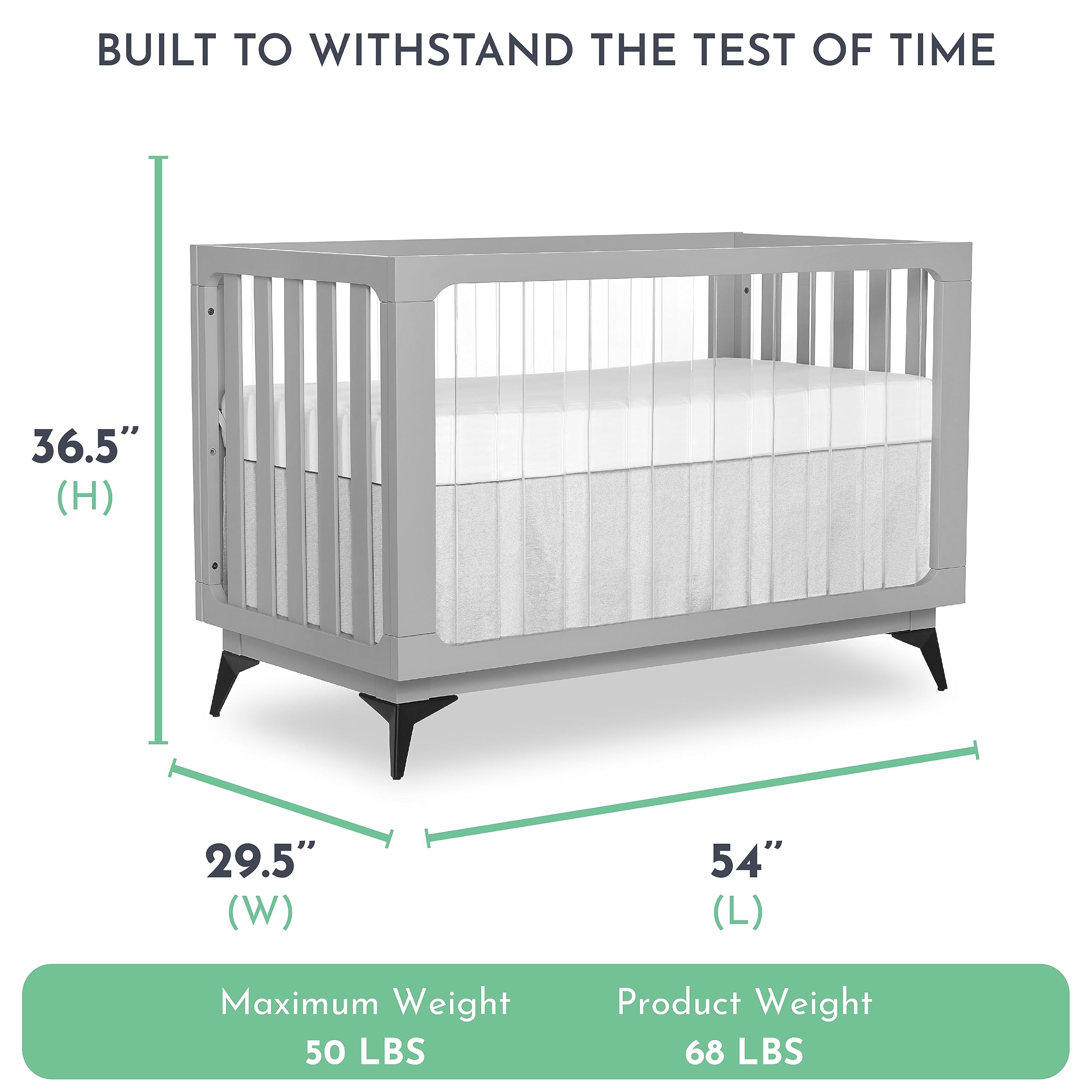 Evolur Acrylic Millennium 4-in-1 Convertible Baby Crib - Modern Full Size Nursery Bed Converts to Toddler Bed & Daybed - Adjustable Mattress Support with Acrylic Slats in Pebble Grey - Perfect for Nursery, Bedroom & Daycare Use
