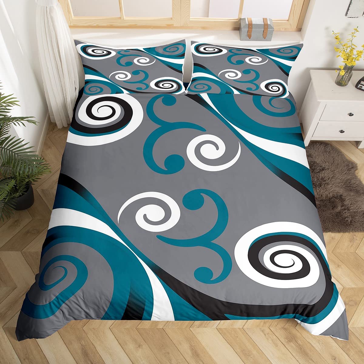Trippy Geometric Duvet Cover Set for Kids - Gray Black Blue Swirl Bedding with Stripe & Circle Patterns, Twin Size Farmhouse Decor for Boys & Girls | Perfect for Teen Bedrooms, Dorm Rooms & Boho Chic Home Decor