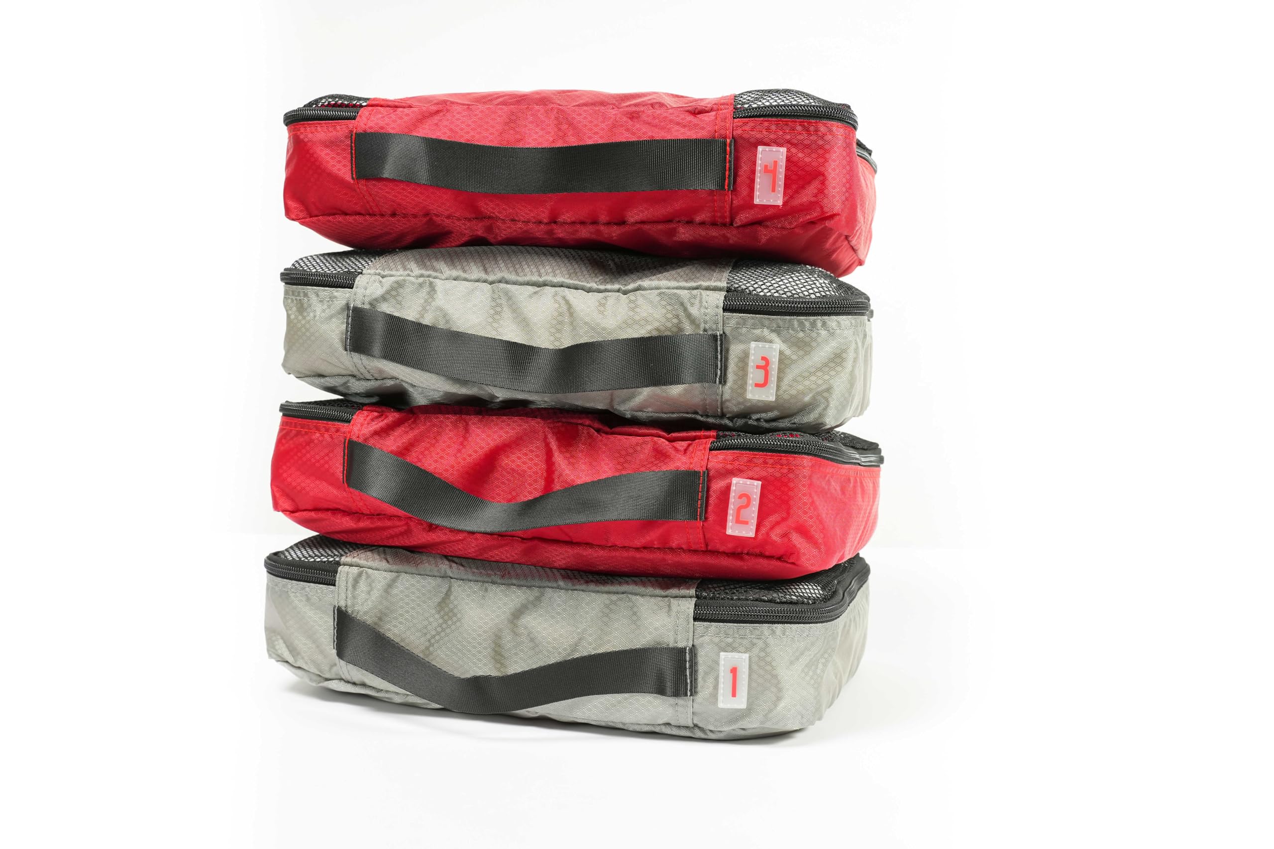 4-Piece Medium Packing Cubes for Travel - Luggage Organizer Set with Numbered & Color-Coded System - Dual Zipper Compartments, Top Handle (Red & Grey) - Perfect for Carry-On Suitcases, Backpacks & Business Trips