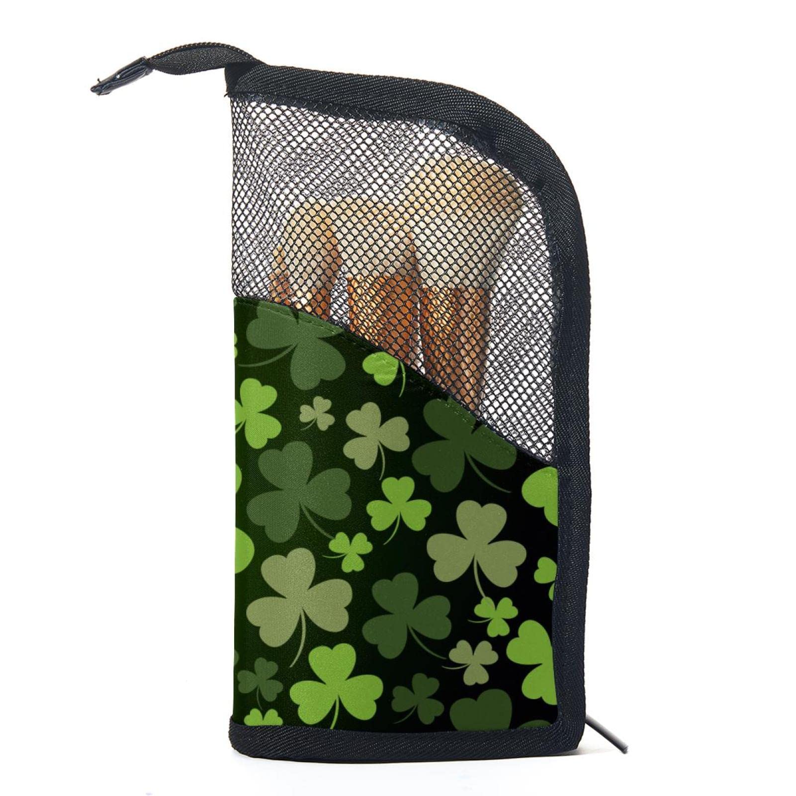 Portable Makeup Brush Organizer Bag with 12 Slots | St. Patrick's Day Leaf Print Cosmetic Brush Holder Case | Perfect for Travel & Home Vanity Organization