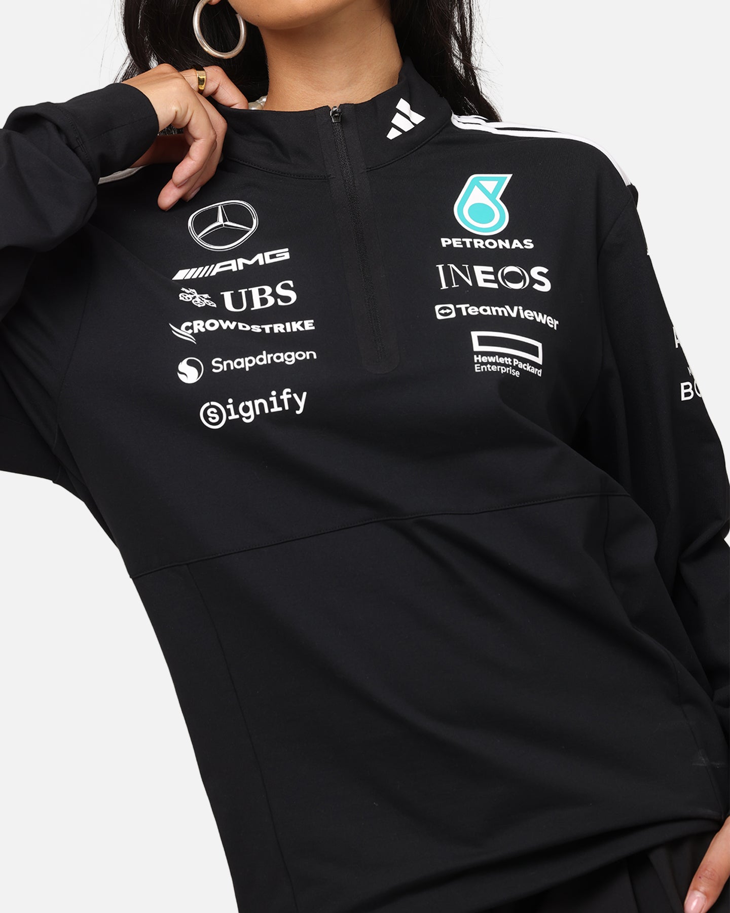 Adidas x Mercedes AMG Petronas F1 2025 Team Quarter Zip Jacket - Black & White - Men's Racing Jacket for Formula One Fans & Motorsport Enthusiasts