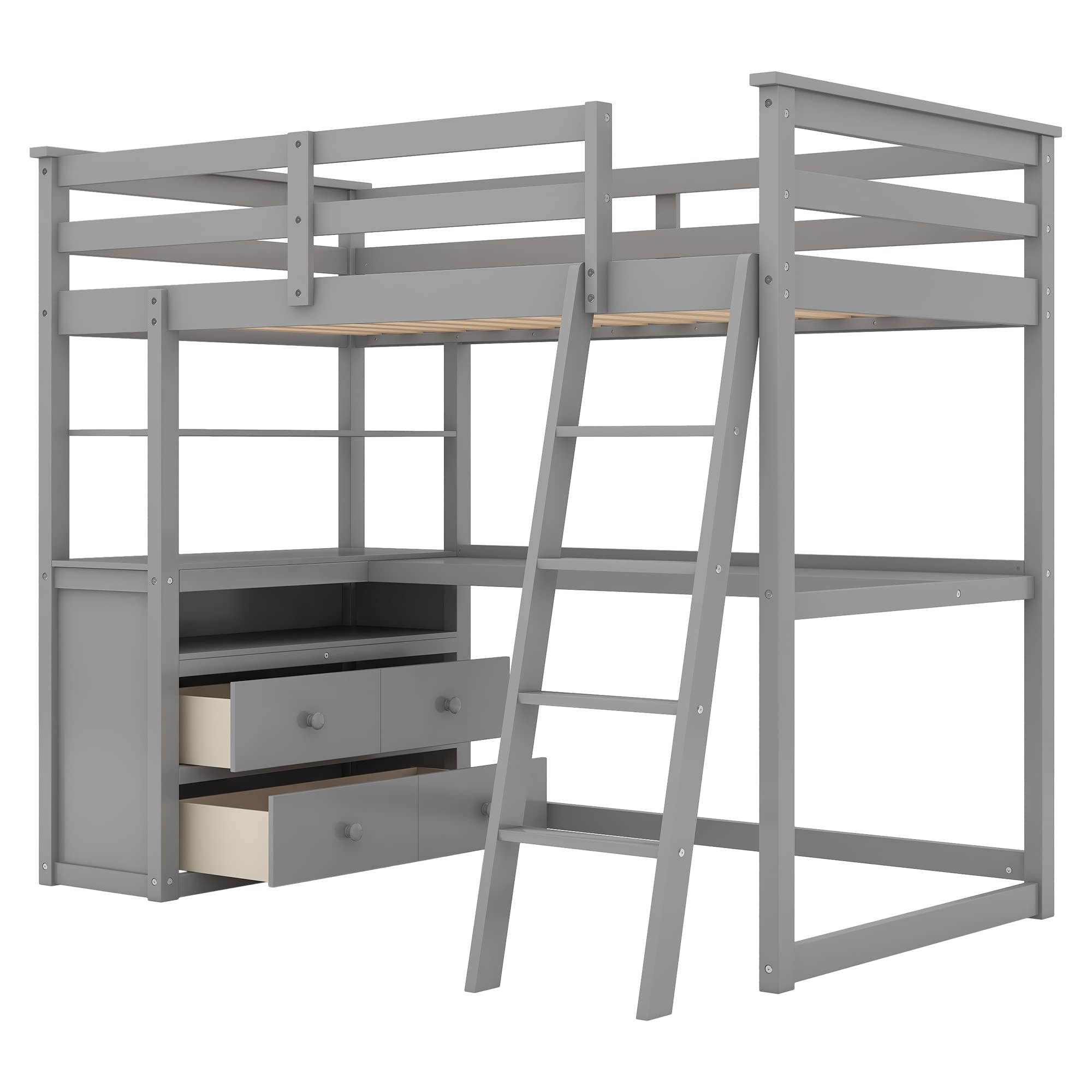 **Merax Twin Size Loft Bed with Desk & Storage - Wooden Loft Bed Frame with Shelves, 2 Built-in Drawers - Space-Saving Grey Loft Bed for Kids, Teens & Small Rooms - Perfect for Dorms, Apartments & Bedrooms**