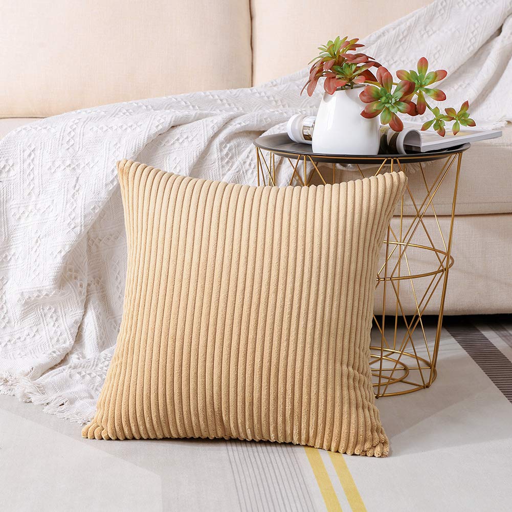 Artscope Cozy Striped Corduroy Pillow Covers 24x24 Inches - Super Soft Decorative Square Throw Pillow Cases for Sofa, Couch, Bed & Car - Khaki Home Decor | Perfect for Living Room, Nursery & Office Accents