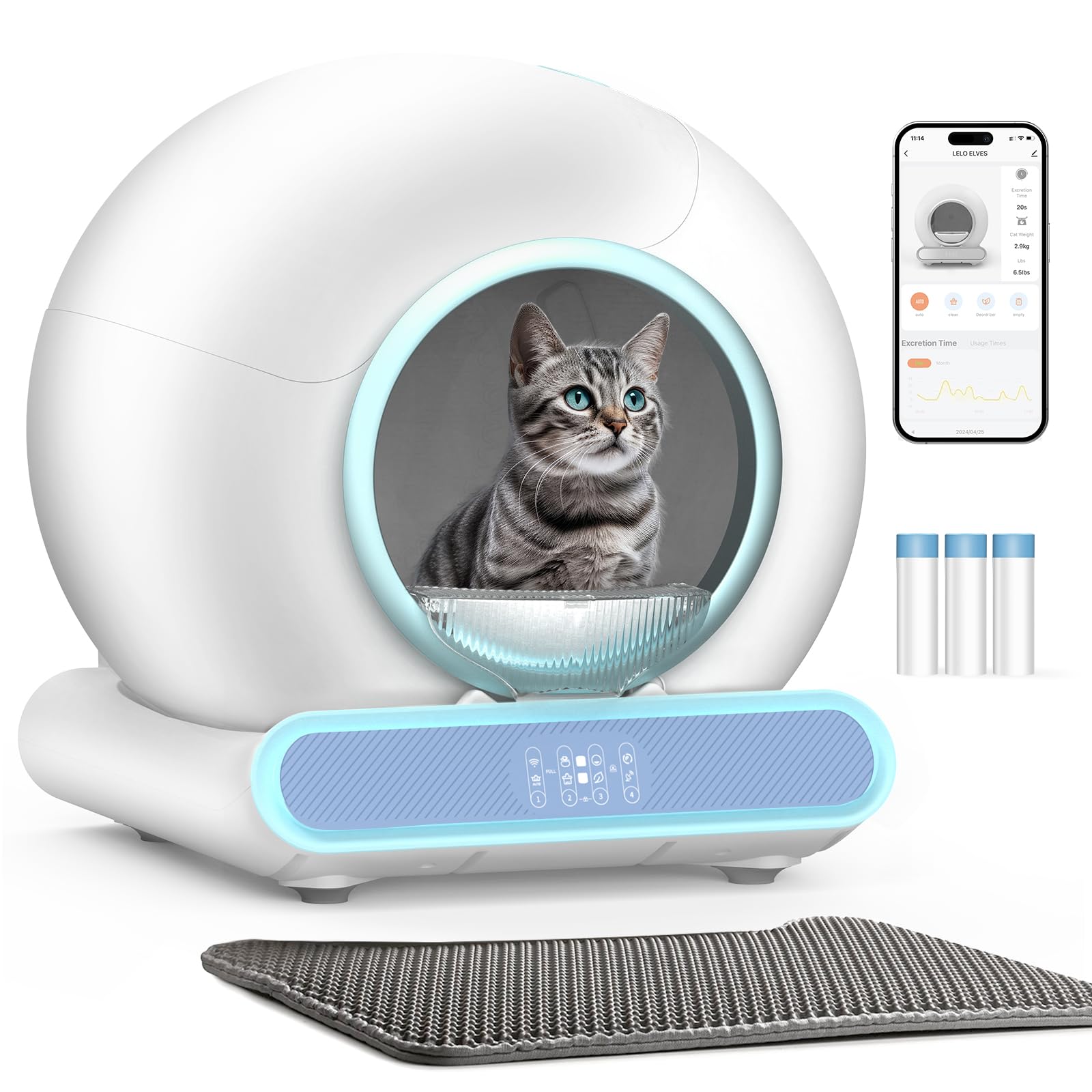 Automatic Self-Cleaning Cat Litter Box for Multiple Cats - 65L Large Capacity with 9L Waste Bin, Smart APP Control, Odor Elimination System - Includes Washable Mat & 6-Month Supply of Liners (3 Rolls) - Perfect for Busy Pet Owners & Multi-Cat Households - Green
