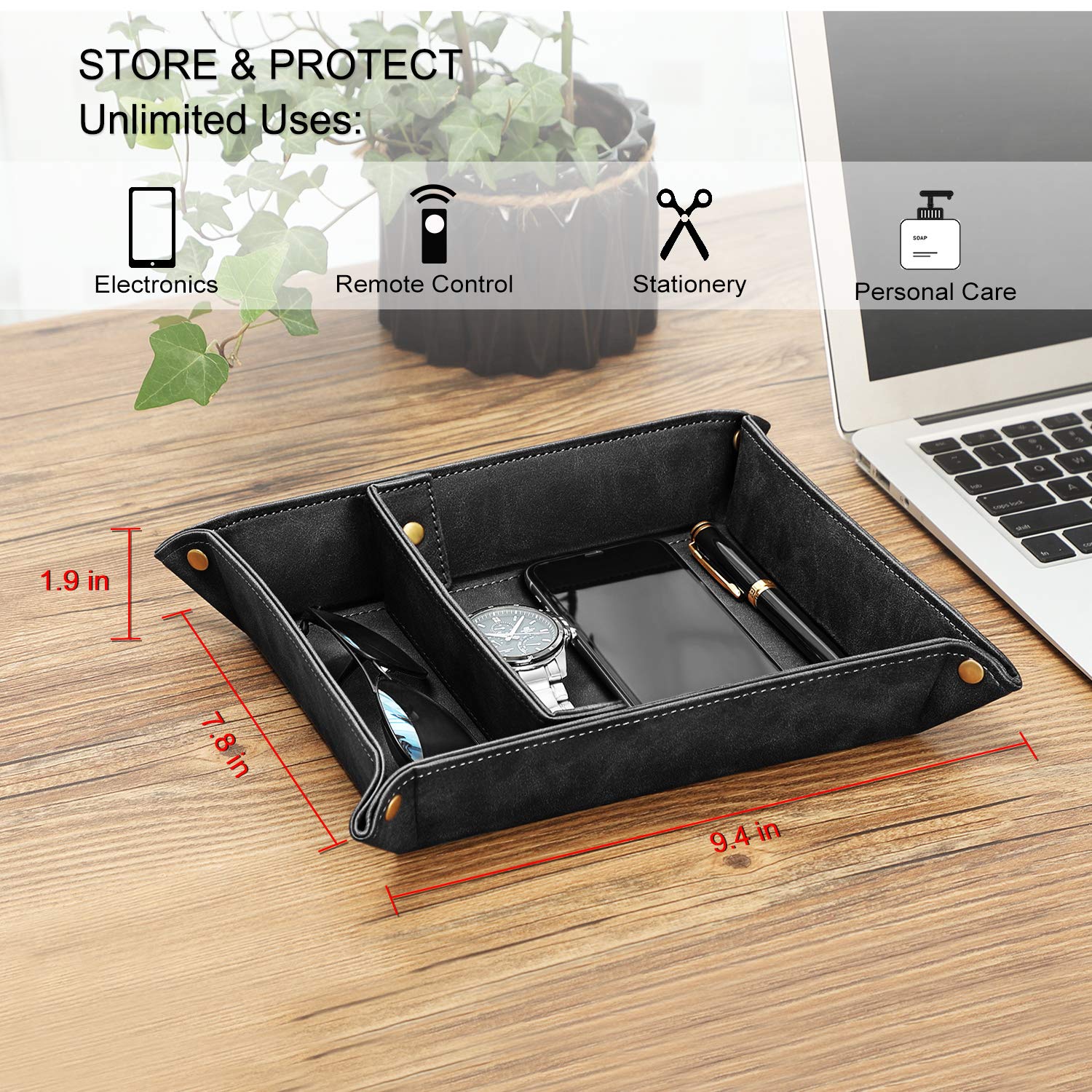 SITHON Valet Tray - 2 Compartment Desktop Organizer for Keys, Jewelry & Essentials | Removable Catchall Tray for Nightstand, Vanity & Office | Black Storage Plate for Bedside, Dresser & Desk Organization