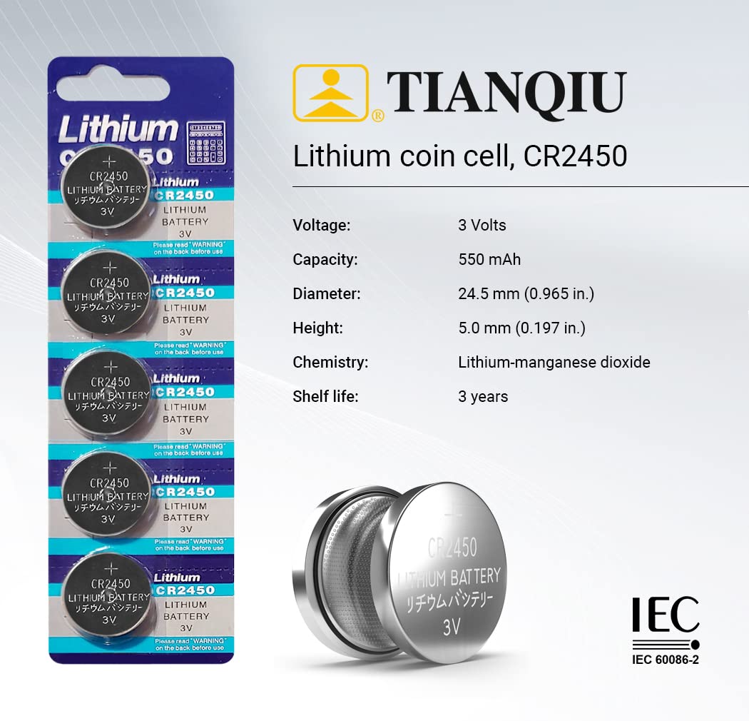 TIANQIU 100-Pack CR2450 BR2450 3V Lithium Coin Batteries - Long-Lasting Power for Watches, Key Fobs, Calculators & Medical Devices