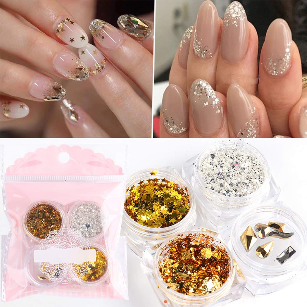 SOWUNO 4 Boxes Nail Sequins - Shining Glitter Nail Flakes for Manicure & Nail Art Decor | DIY Nail Designs, Salon Professional Use, Party & Special Occasion Nail Accessories
