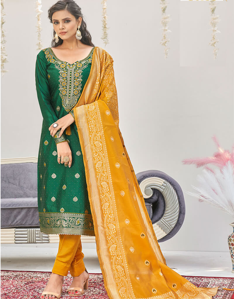 Banarasi Jacquard Green Salwar Kameez Suit with Pant Bottom | Traditional Indian Ethnic Wear for Women | Perfect for Weddings, Festivals & Special Occasions