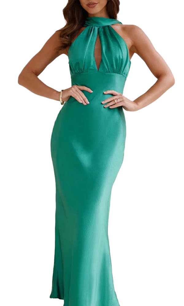 2024 Satin Cutout Halter Neck Midi Dress - Silk Sexy Sleeveless Backless Formal Dress with Empire Waist for Wedding Guest, Evening Party, Cocktail Reception & Special Occasions