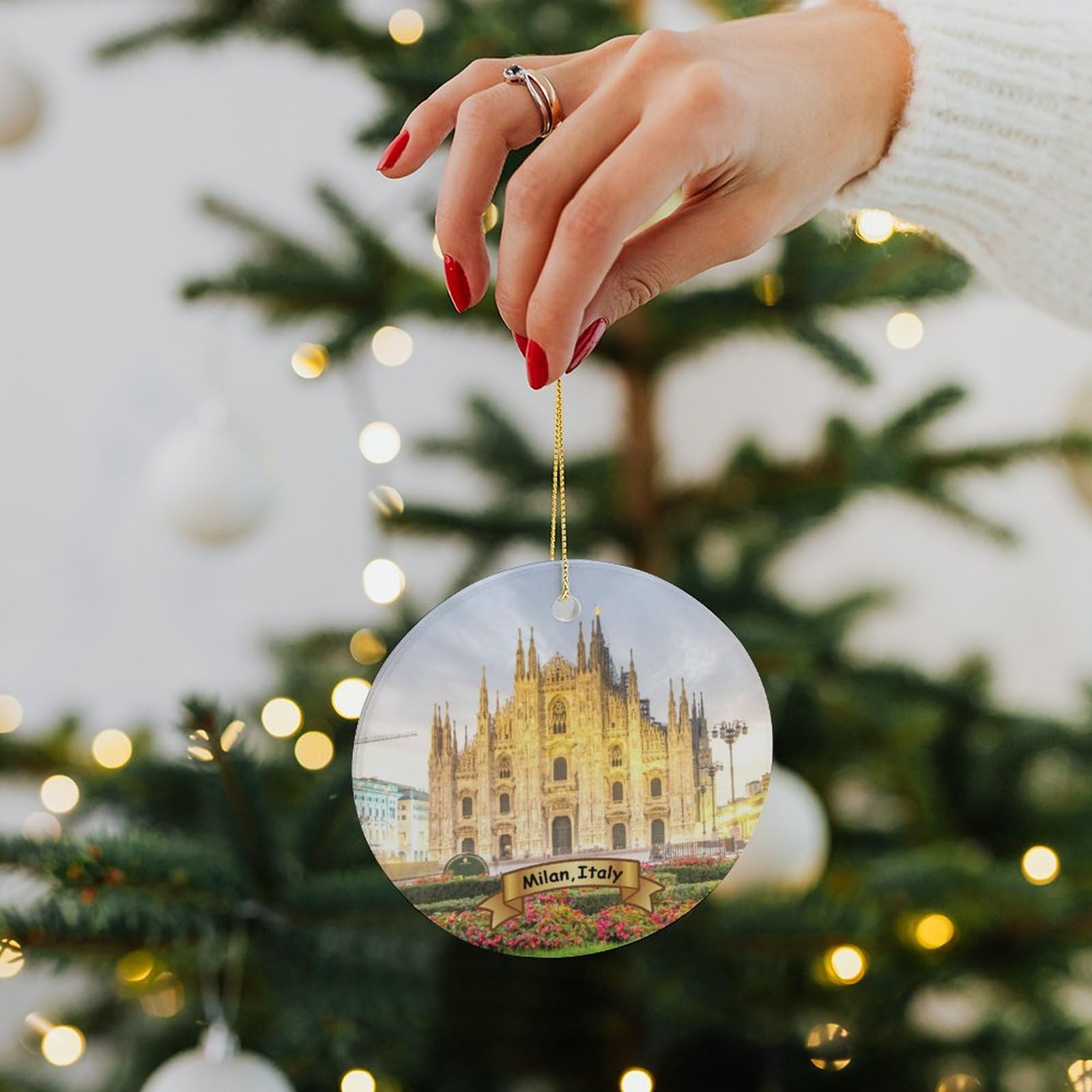 Hand-Painted Milan Italy Christmas Tree Ornament - 2.9 Inch Double-Sided Porcelain Holiday Decoration for Xmas Tree, Home & Gift Giving
