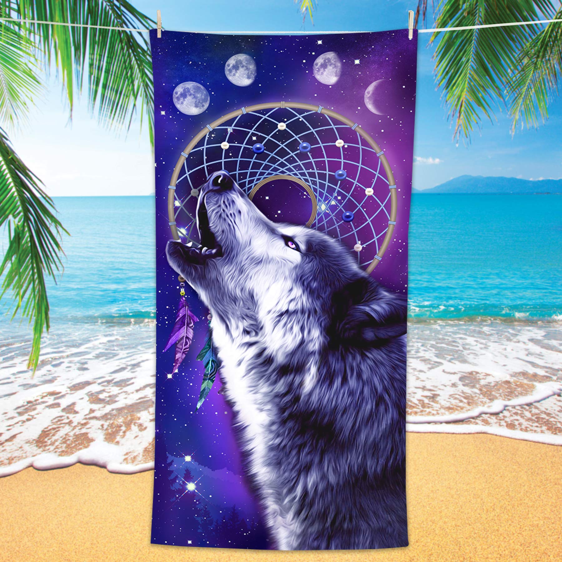Wolf Beach Towel - Bonsai Tree & Dream Catcher Design - Microfiber Quick Dry Sand Free Bath Towel 30x60 Inches - Cool Blue Purple Galaxy Space Animal Print for Men, Boys & Kids - Perfect for Pool, Beach, Travel & Sports Activities