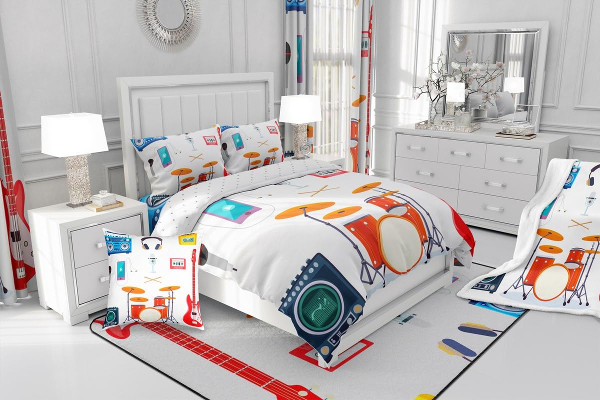 Boys Electric Guitar Bedding Set Full Size, Music Notes & Instruments Comforter Cover, Drum Kit Design for Kids, Girls, Teens, Hip Hop Style Duvet Cover with Speakers & Microphone, Perfect for Youth Bedrooms & Music-Themed Decor