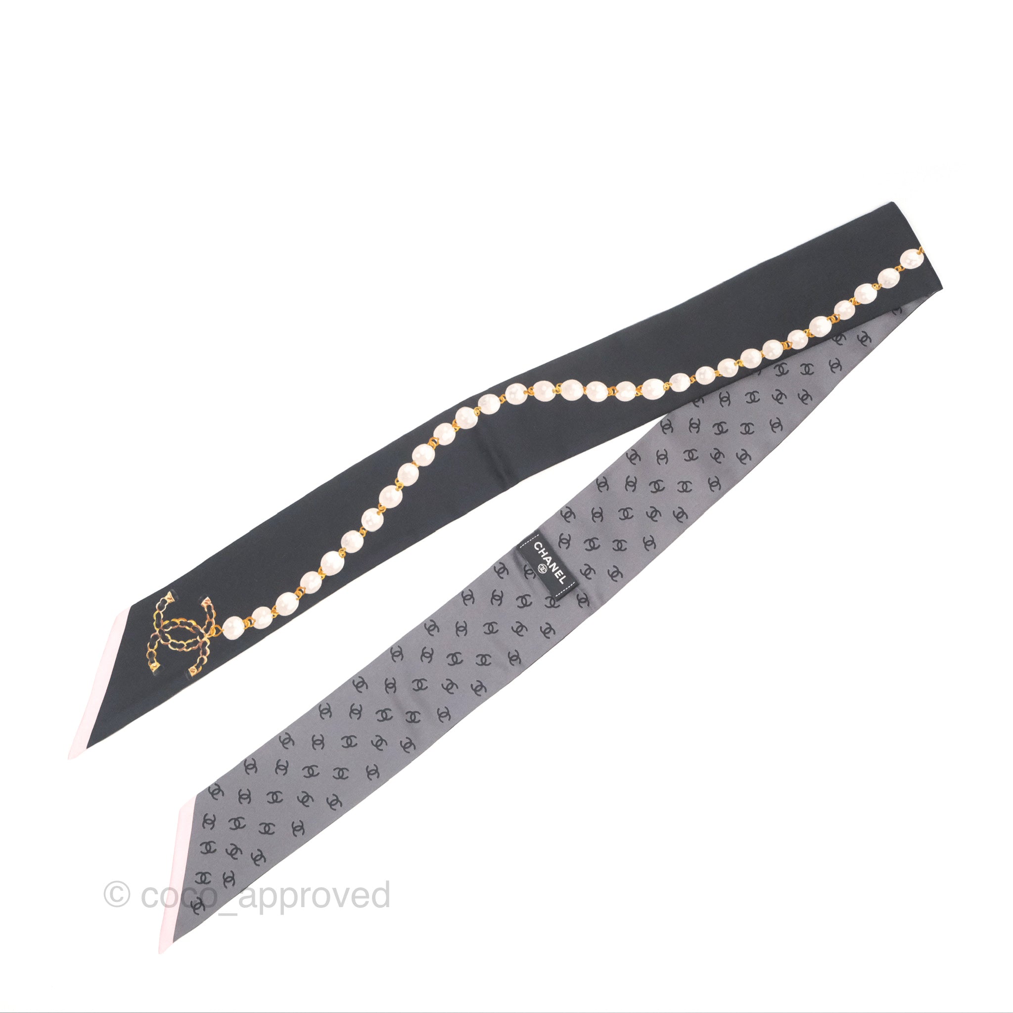 Chanel CC Pearl Print Silk Twilly Scarf - Black & Grey Luxury Fashion Accessory for Women | Perfect for Handbags, Hats & Gift Giving