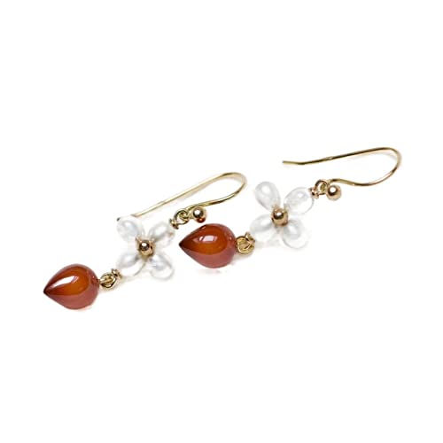 18K & 14K Solid Gold Carnelian Pearl Daisy Earrings - Hook or Leverback Closure - Elegant Dainty Floral Jewelry for Women - Perfect for Weddings, Parties & Everyday Wear