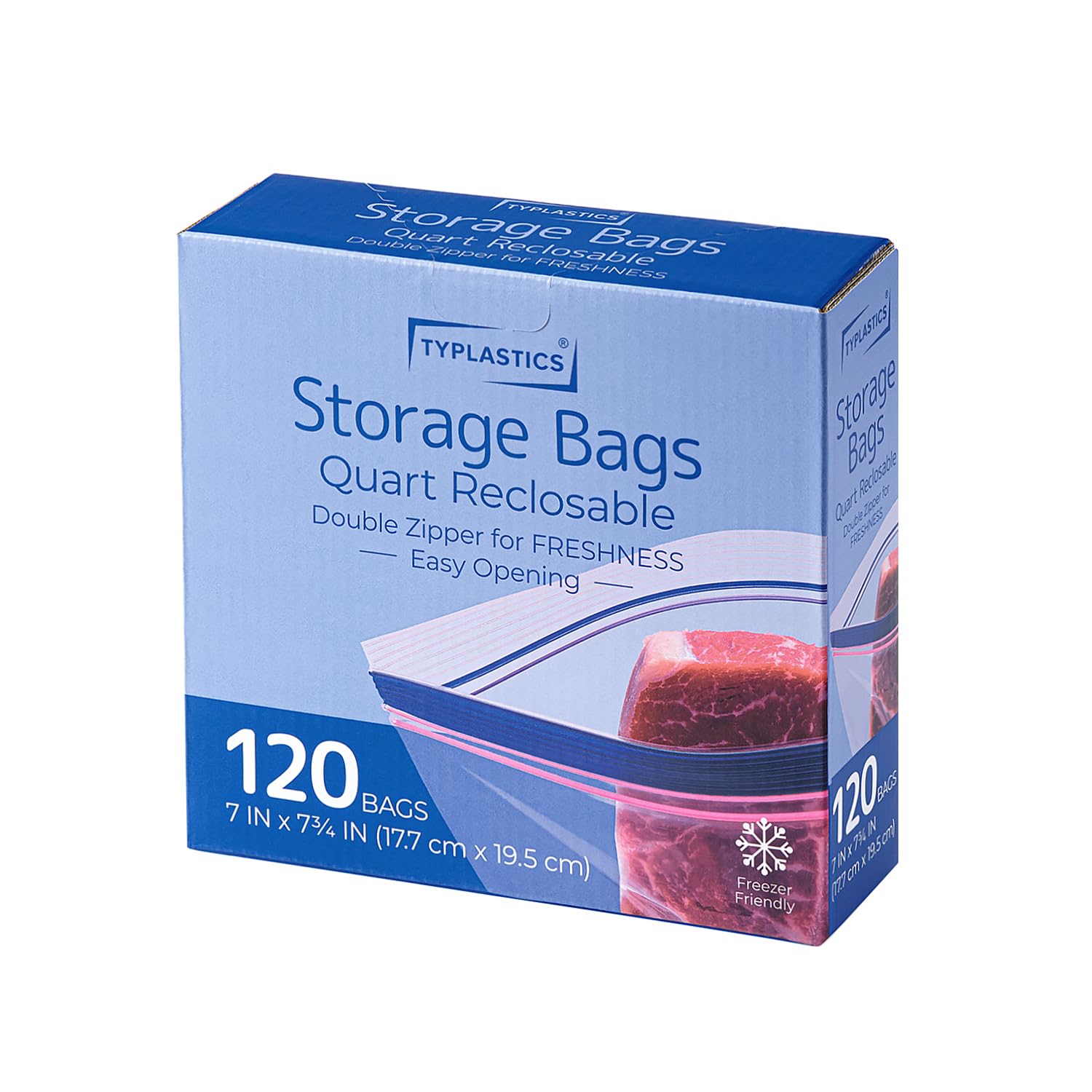 TYPLASTICS Quart Food Storage Bags - 120 Count, Double Zipper, Reclosable Freezer Bags for Meal Prep, Leftovers & Snacks | Easy Open Design | BPA-Free Plastic Storage Bags for Kitchen, Office & Travel