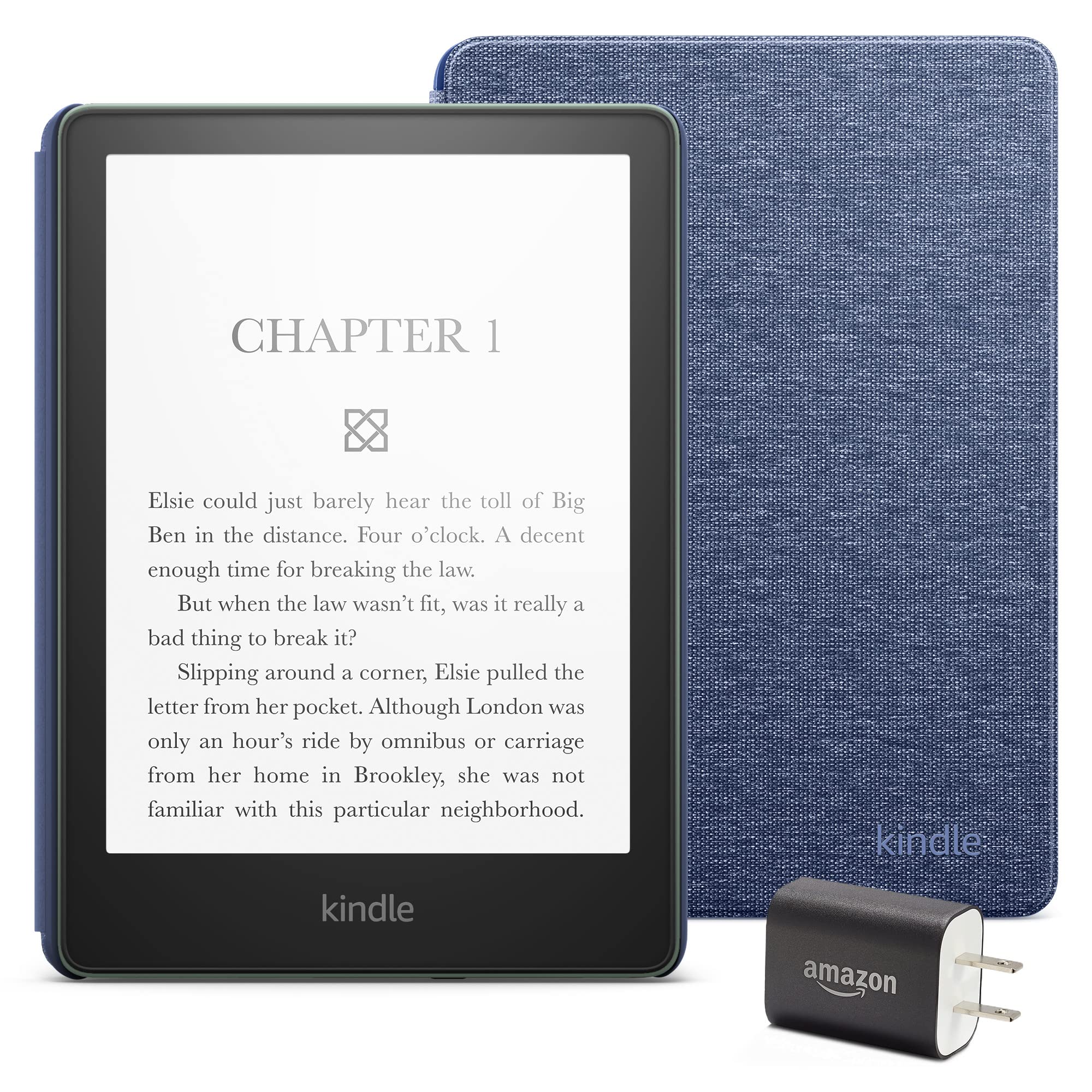 Kindle Paperwhite Essentials Bundle - 16GB Agave Green E-Reader with Denim Fabric Cover & Power Adapter - Perfect for Reading, Travel & Gifts