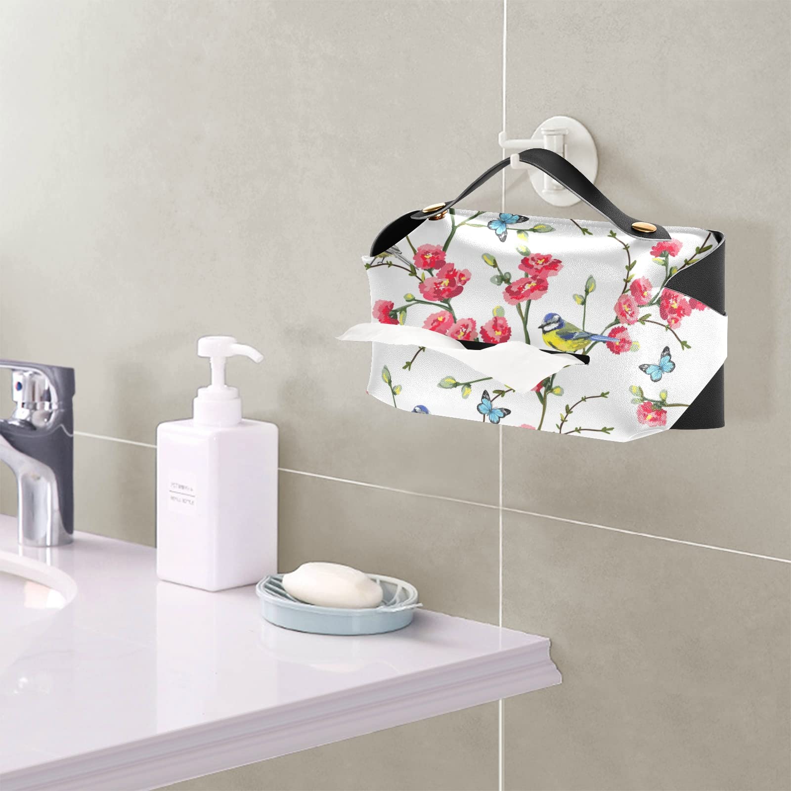 Japanese Style Spring Tree Branches with Red Flowers, Birds & Green Leaves - Rectangular Leather Tissue Box Cover with Handle for Bathroom, Home, Nightstand, Vanity, Office Desk & Car (5.7x5.7x5.7 inches) - Perfect for Home Decor, Gift Giving & Everyday Use
