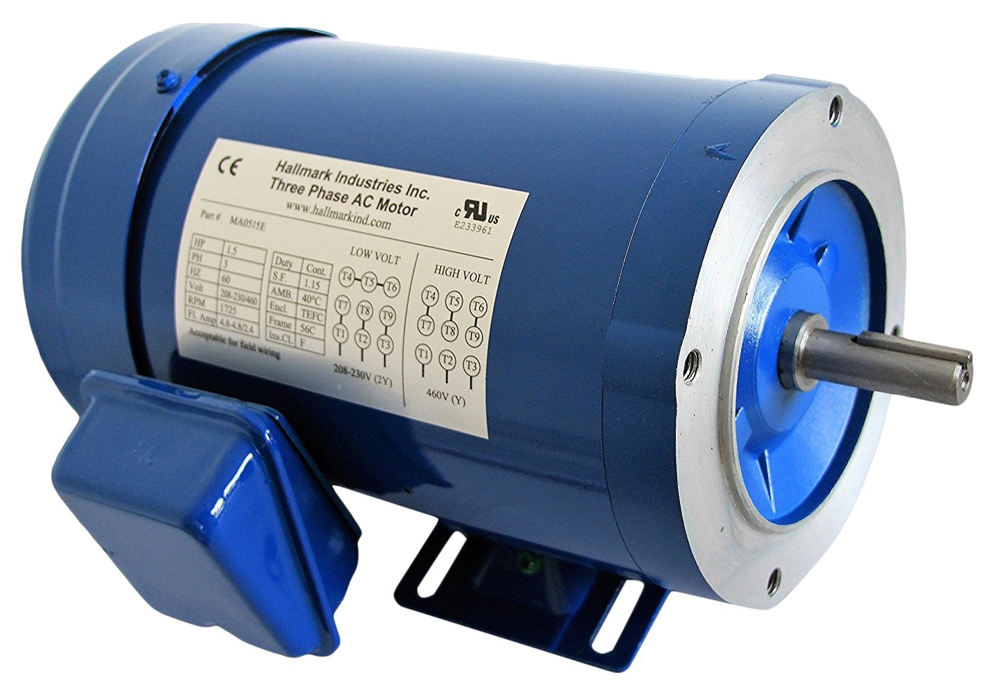 Hallmark Industries MA0520E 2 HP AC Motor, 1725 RPM, 3 Phase 60Hz, 208-230/460V, 56C/TEFC Frame, Foot Mounted, SF 1.15, Class F Insulation, Inverter Duty, Steel Construction (Pack of 1) - Ideal for Industrial Pumps, Fans, and Conveyor Systems