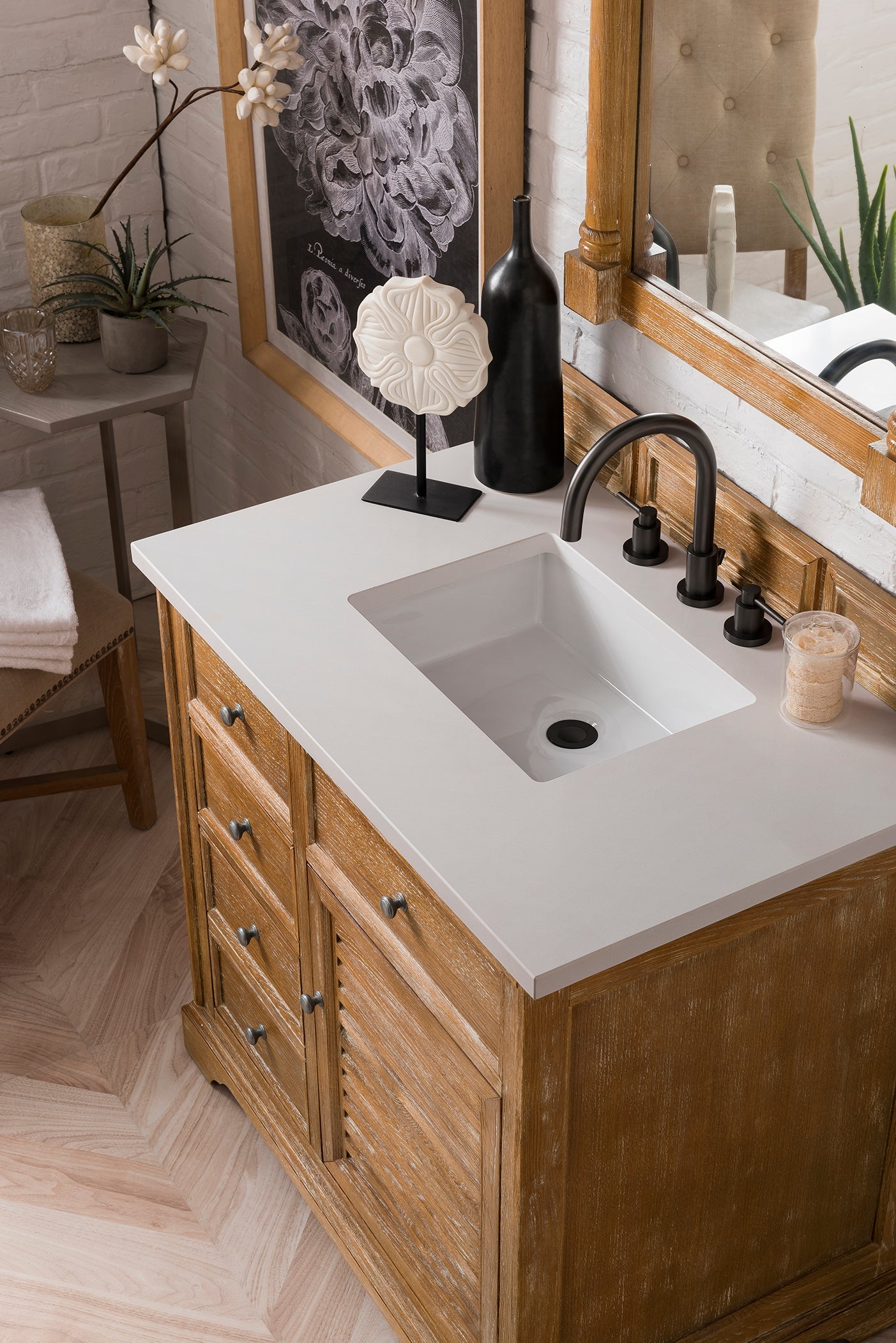 Savannah 36 Inch Single Vanity Cabinet in Driftwood Finish with 3CM Classic White Quartz Top - Perfect for Bathroom Remodeling and Modern Home Decor