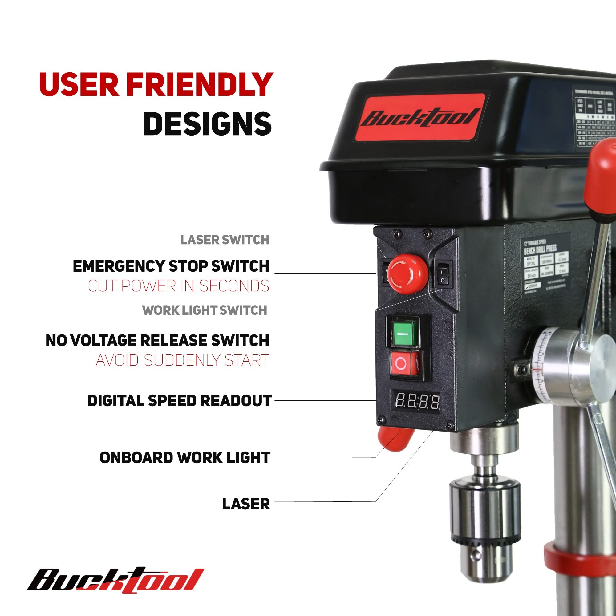BUCKTOOL 12 Inch 6.2A Professional Bench Drill Press - 3/4HP Powerful Benchtop Drill Press with Variable Speed, IIIA Laser & Work Light - Perfect for Woodworking, Metalworking & DIY Projects