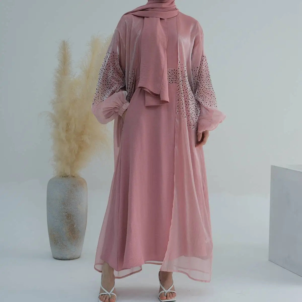 2 Piece Set Bright Wrinkle Puff Sleeve Open Abaya Dress - Elegant Muslim Women's Prayer Dress for Mosque, Eid & Special Occasions