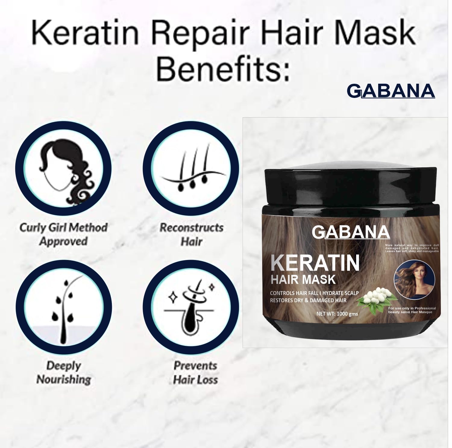 GABANA Keratin Hair Mask for Hair Fall Control - 1000g Deep Conditioning Treatment for Frizzy, Dry & Damaged Hair | Promotes Hair Growth & Smoothness | Perfect for Salon-Quality Hair Care at Home