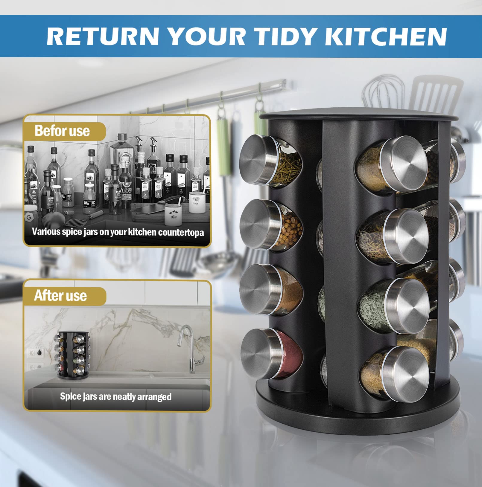 Black Rotating Spice Rack Organizer - 16-Jar Revolving Spice Tower with 135 Labels & Funnel Set - Countertop or Cabinet Storage for Kitchen Seasonings - Perfect for Cooking, Baking & Meal Prep