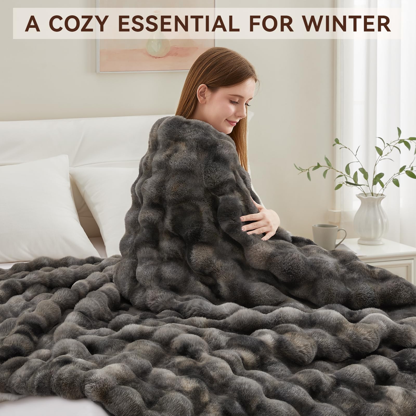 Faux Fur Throw Blanket 50x60 Inches - Ultra Soft 1000GSM Plush Blanket for Couch, Bed & Sofa - Warm Cozy Rabbit Lola Blanket in Tie-Dye Grey - Perfect for Living Room, Bedroom & Winter Nights