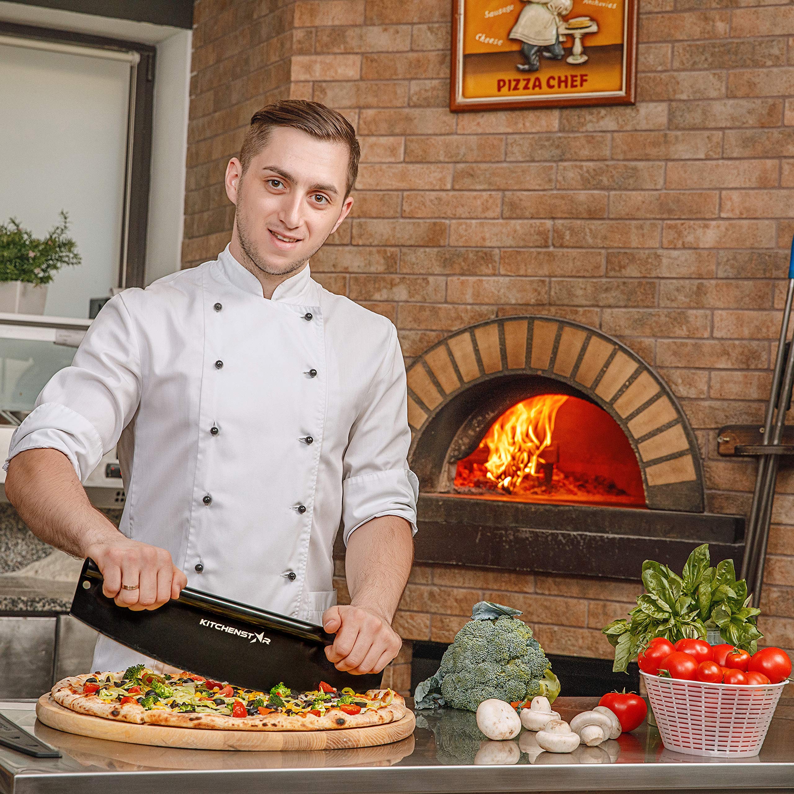 KitchenStar 12-Inch Stainless Steel Pizza Cutter Rocker - Sharp Black Non-Stick Pizza Slicer Knife with Blade Cover - Professional Pizza Making Tools & Oven Accessories - Dishwasher Safe - Perfect for Home Kitchens, Pizzerias, and Party Food Prep