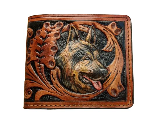 Handmade 3D Genuine Leather Bifold Wallet for Men - German Shepherd Dog Puppy Flower Carved Design - Custom Personalized Tooled Airbrush Art Wallet - Perfect Gift for Dad, Husband & Dog Lovers