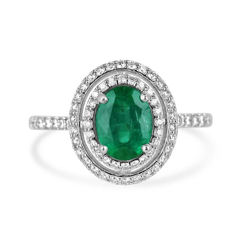 1.90tcw Lush Rich Green 8x6mm Oval Cut Emerald & Double Diamond Halo 14K Gold Engagement Ring for Women - Perfect for Proposals, Anniversaries & Special Occasions
